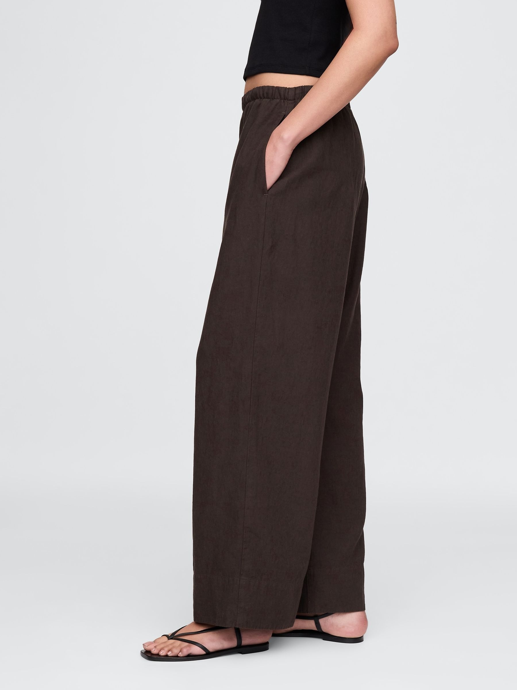 Brown Heavyweight Linen-Blend Easy Wide-Hem Trousers - Image 3 of 5