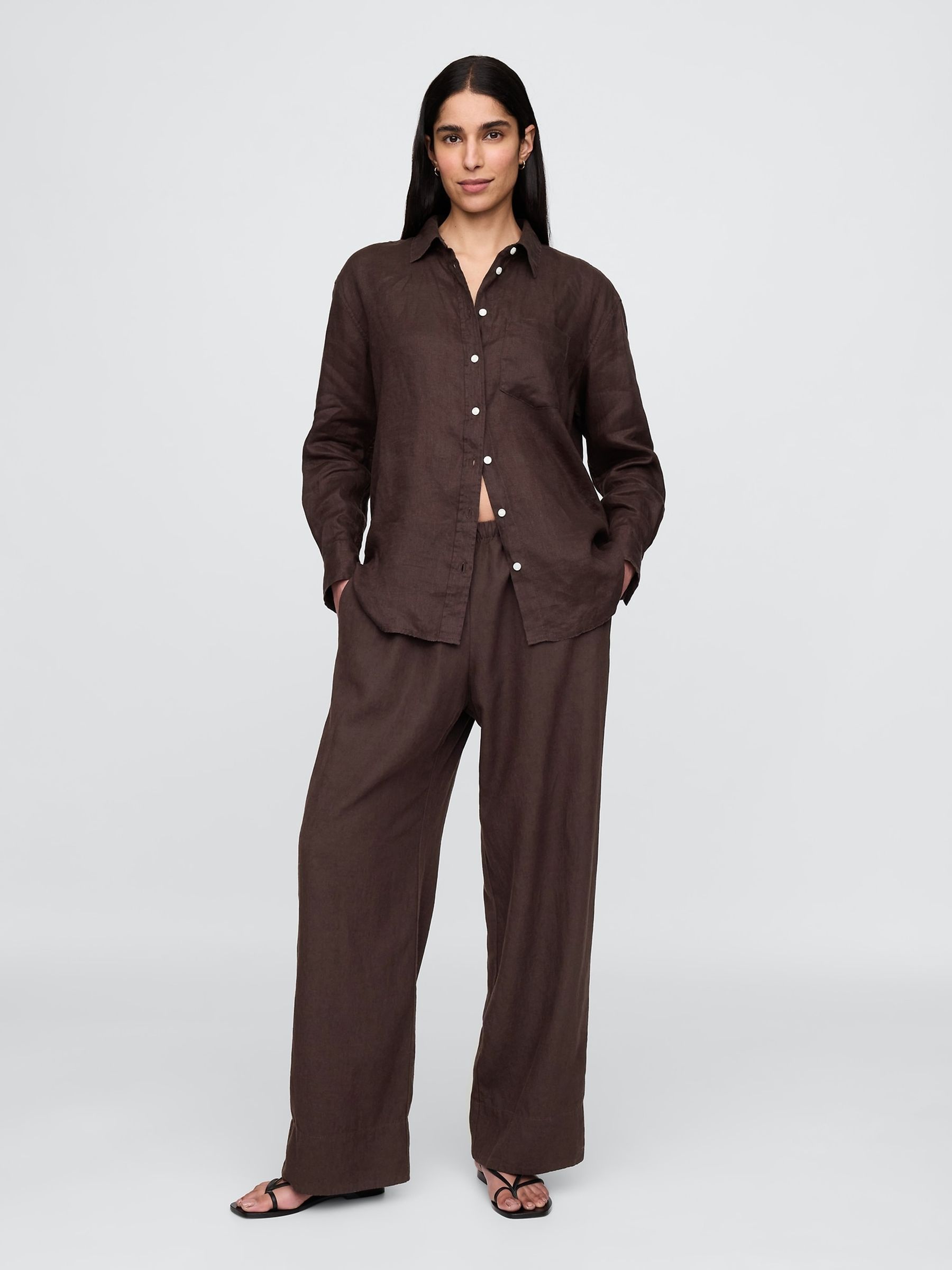 Brown Heavyweight Linen-Blend Easy Wide-Hem Trousers - Image 4 of 5