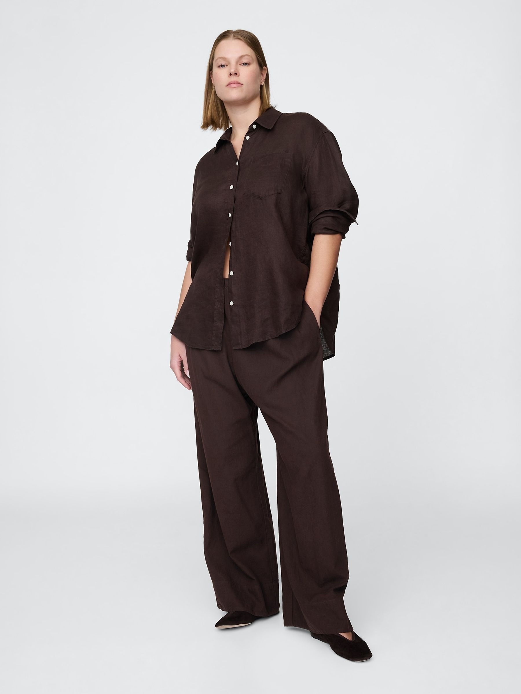 Brown Heavyweight Linen-Blend Easy Wide-Hem Trousers - Image 5 of 5