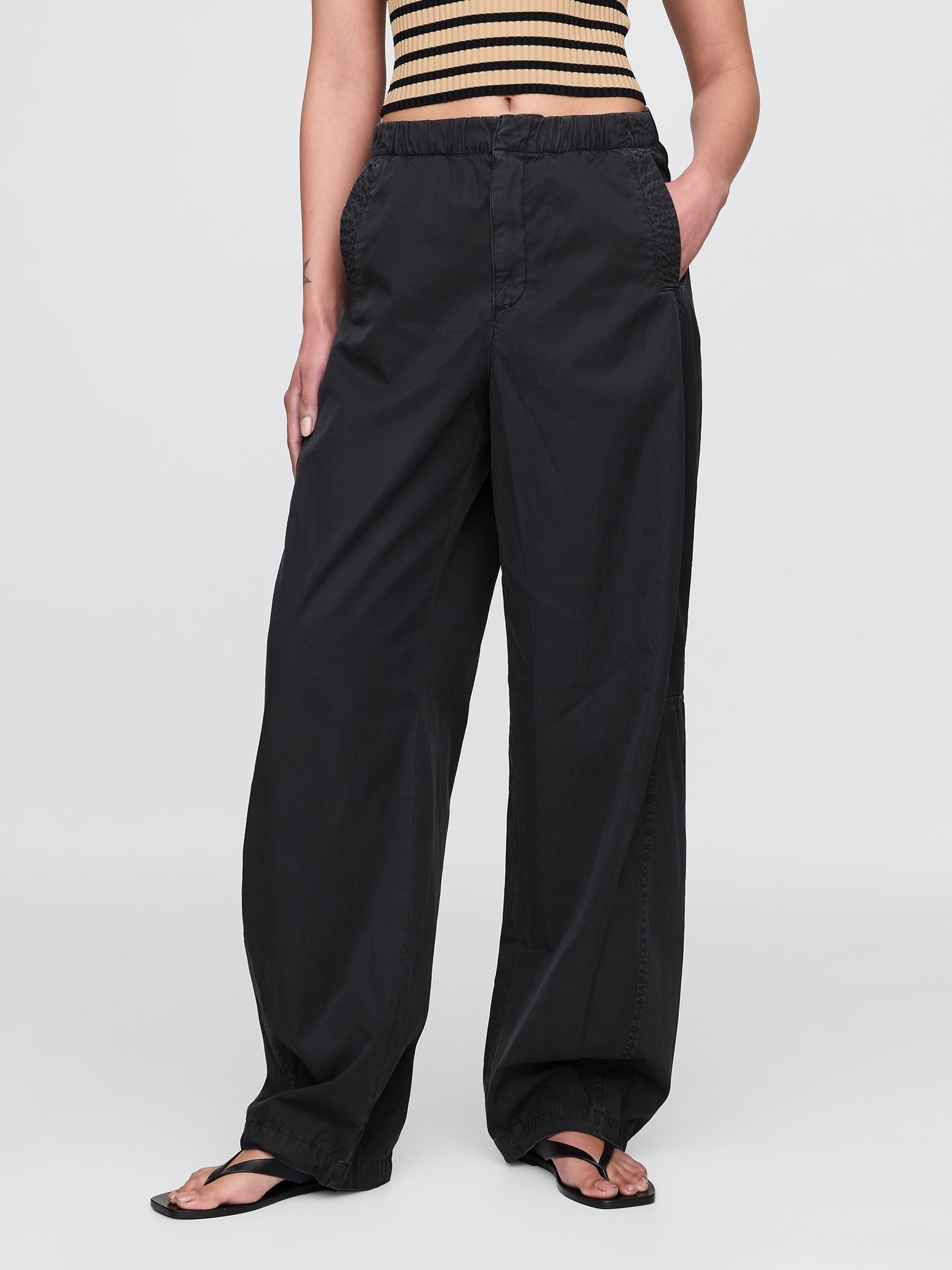 Black Low Waisted Barrel Parachute Trousers - Image 1 of 5
