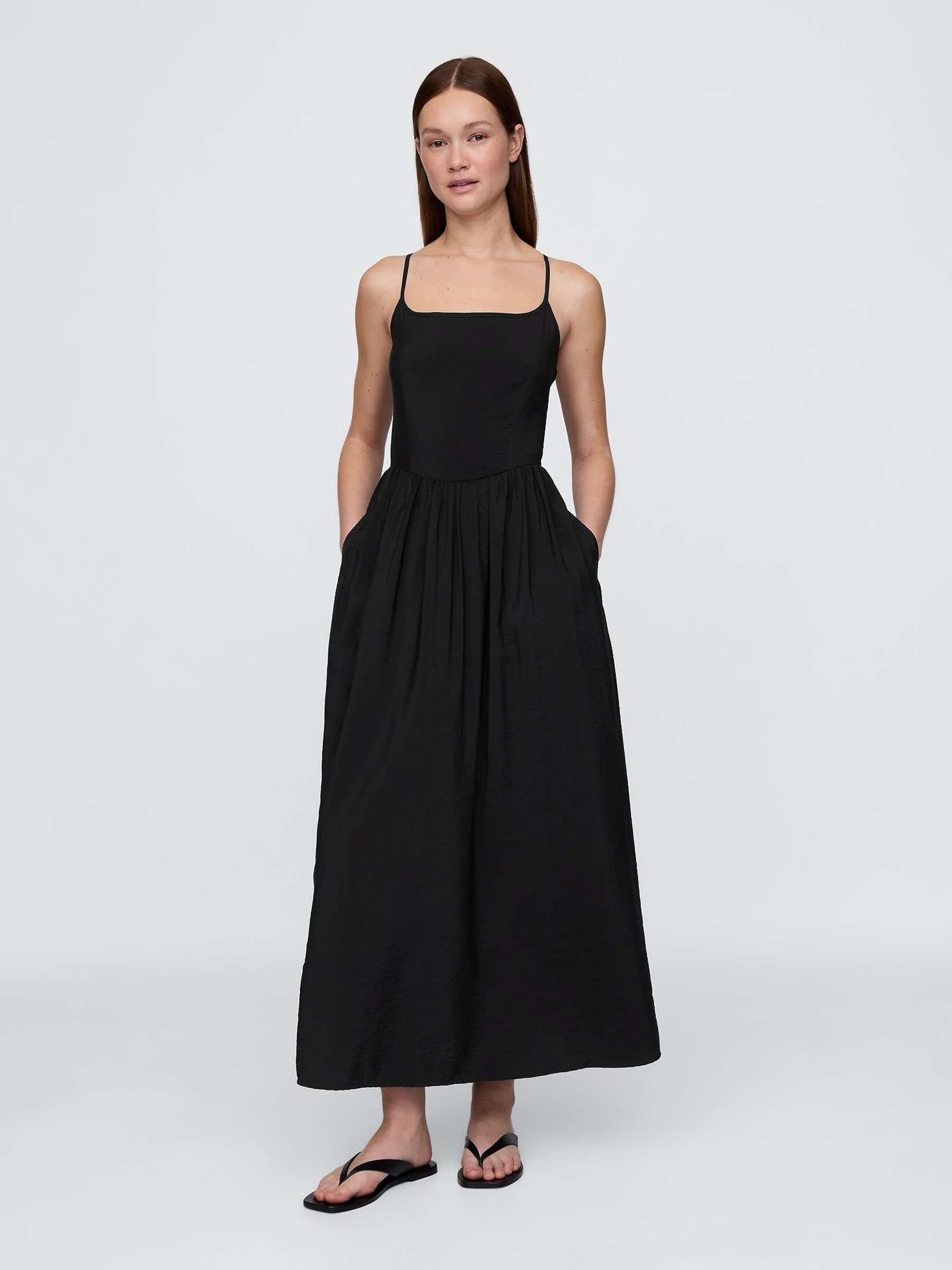 Black Linen-Blend Drop-Waist Maxi Summer Dress - Image 1 of 5