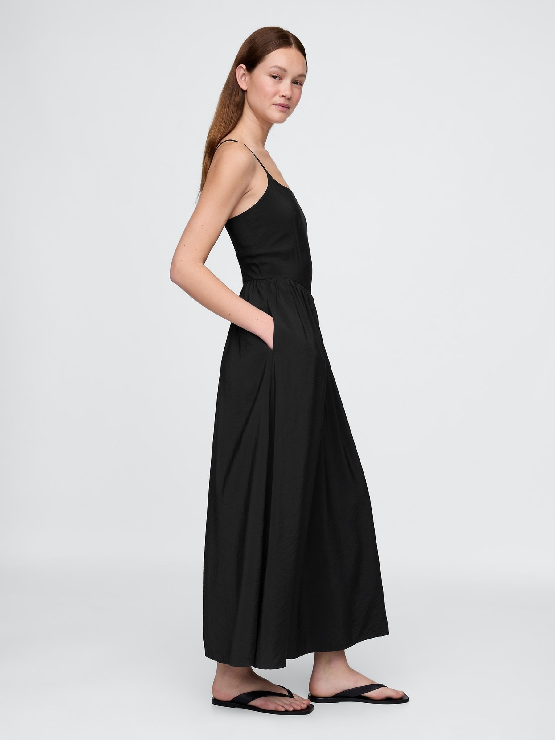 Black Linen-Blend Drop-Waist Maxi Summer Dress - Image 3 of 5