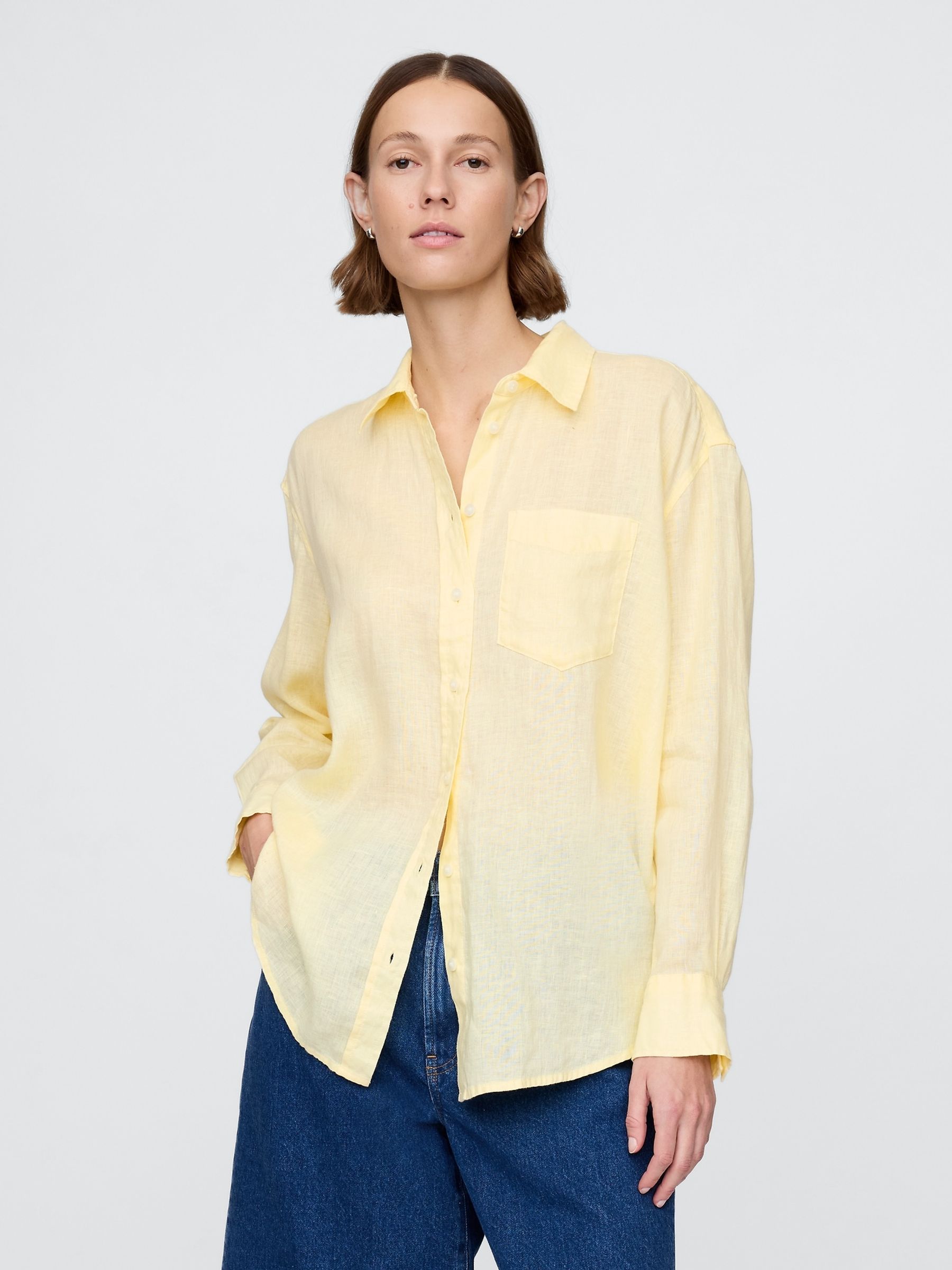Yellow 100% Linen Button Down Long Sleeve Oversized Shirt Gap