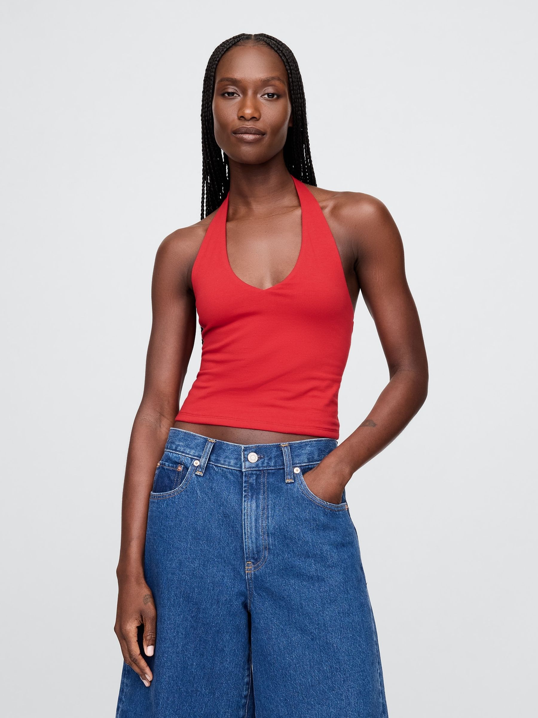 Red CloseKnit Cropped Halter Neck Top - Image 1 of 4