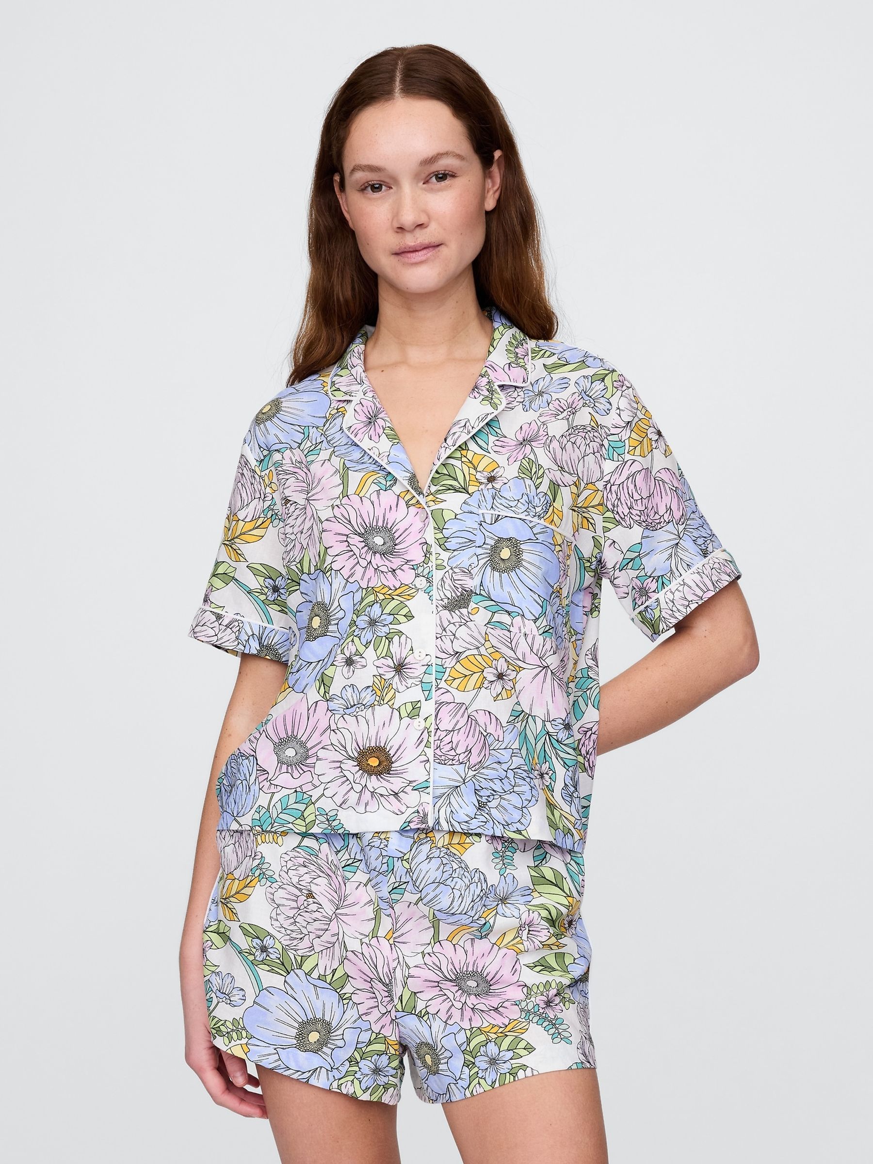 Pink Floral Linen-Blend Short Sleeve Pyjama Shirt - Image 1 of 5