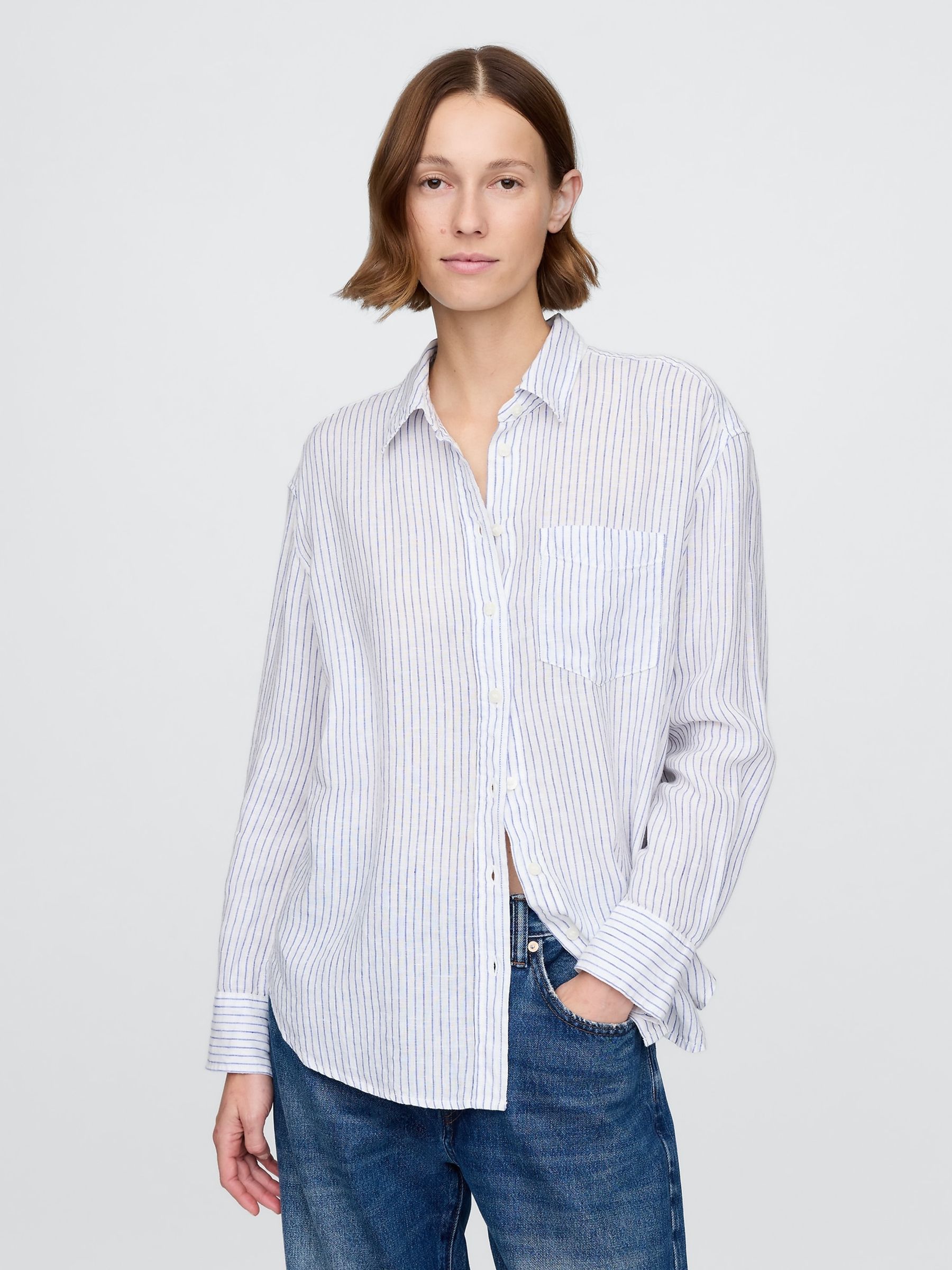 Blue Pinstripe 100% Linen Oversized Shirt - Image 1 of 5