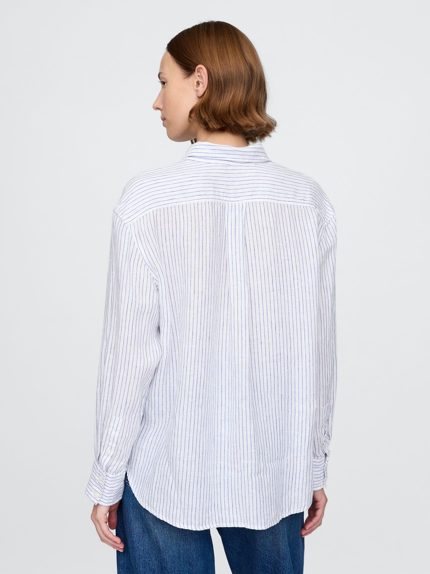 Blue Pinstripe 100% Linen Oversized Shirt - Image 2 of 5