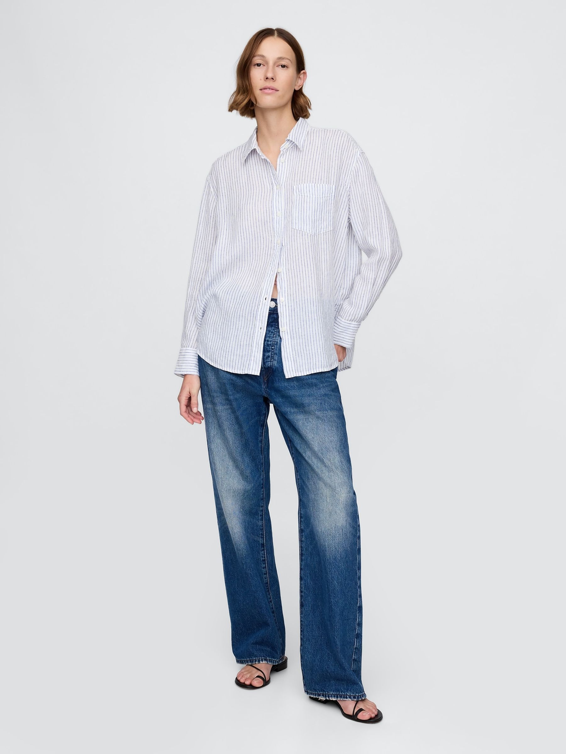 Blue Pinstripe 100% Linen Oversized Shirt - Image 3 of 5