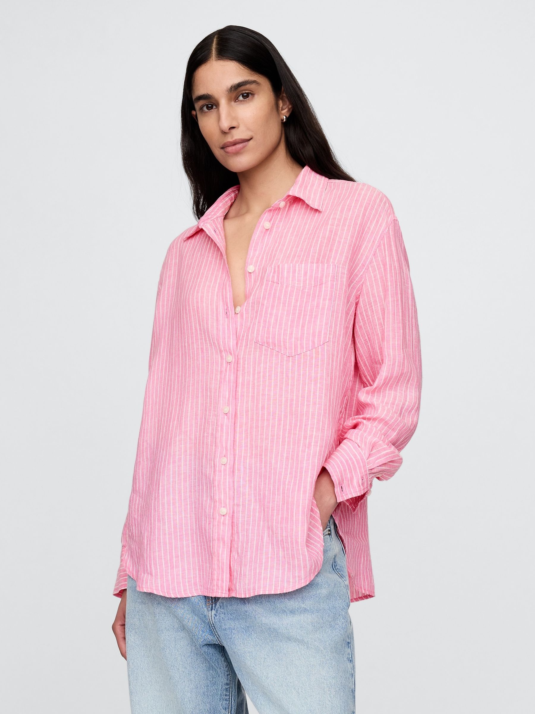 Pink Pinstripe 100% Linen Button Down Long Sleeve Oversized Shirt - Image 1 of 5