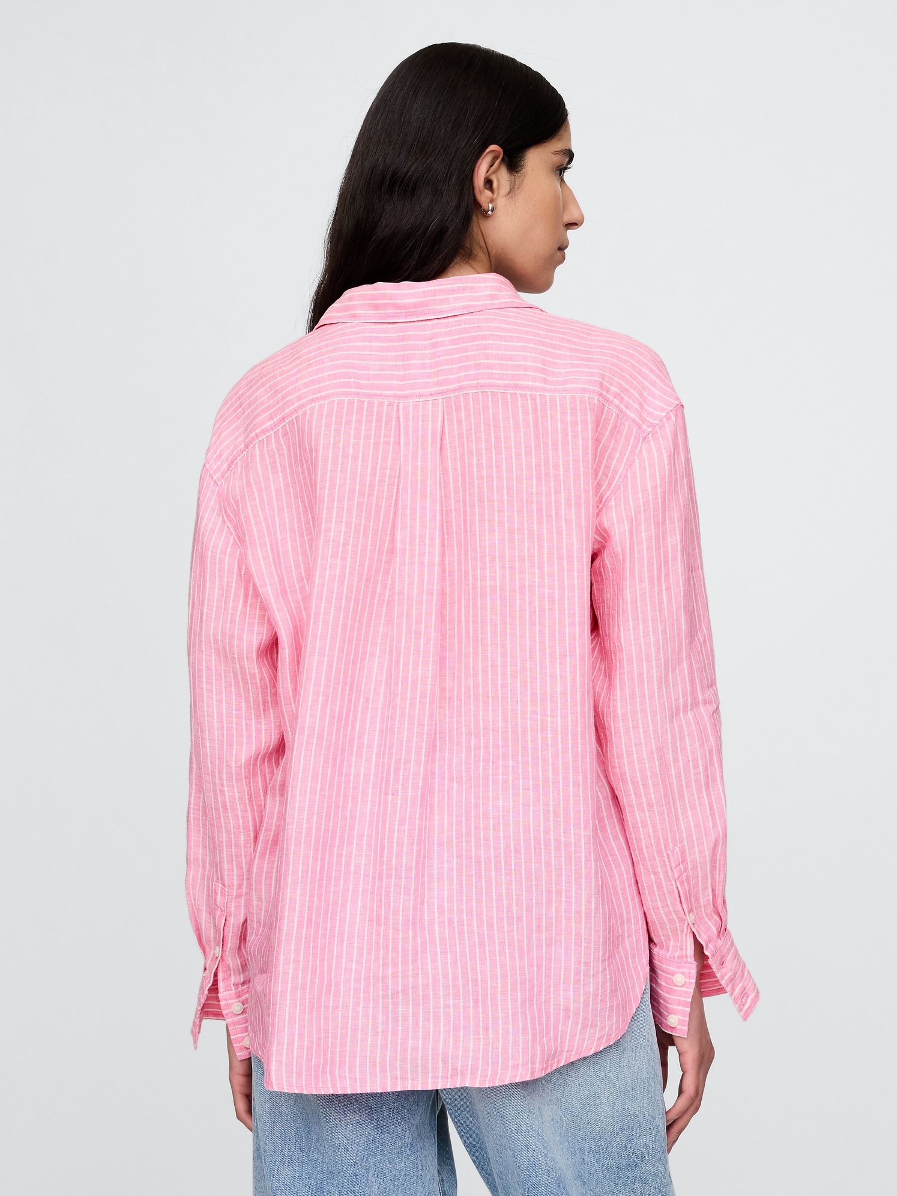 Pink Pinstripe 100% Linen Button Down Long Sleeve Oversized Shirt - Image 2 of 5