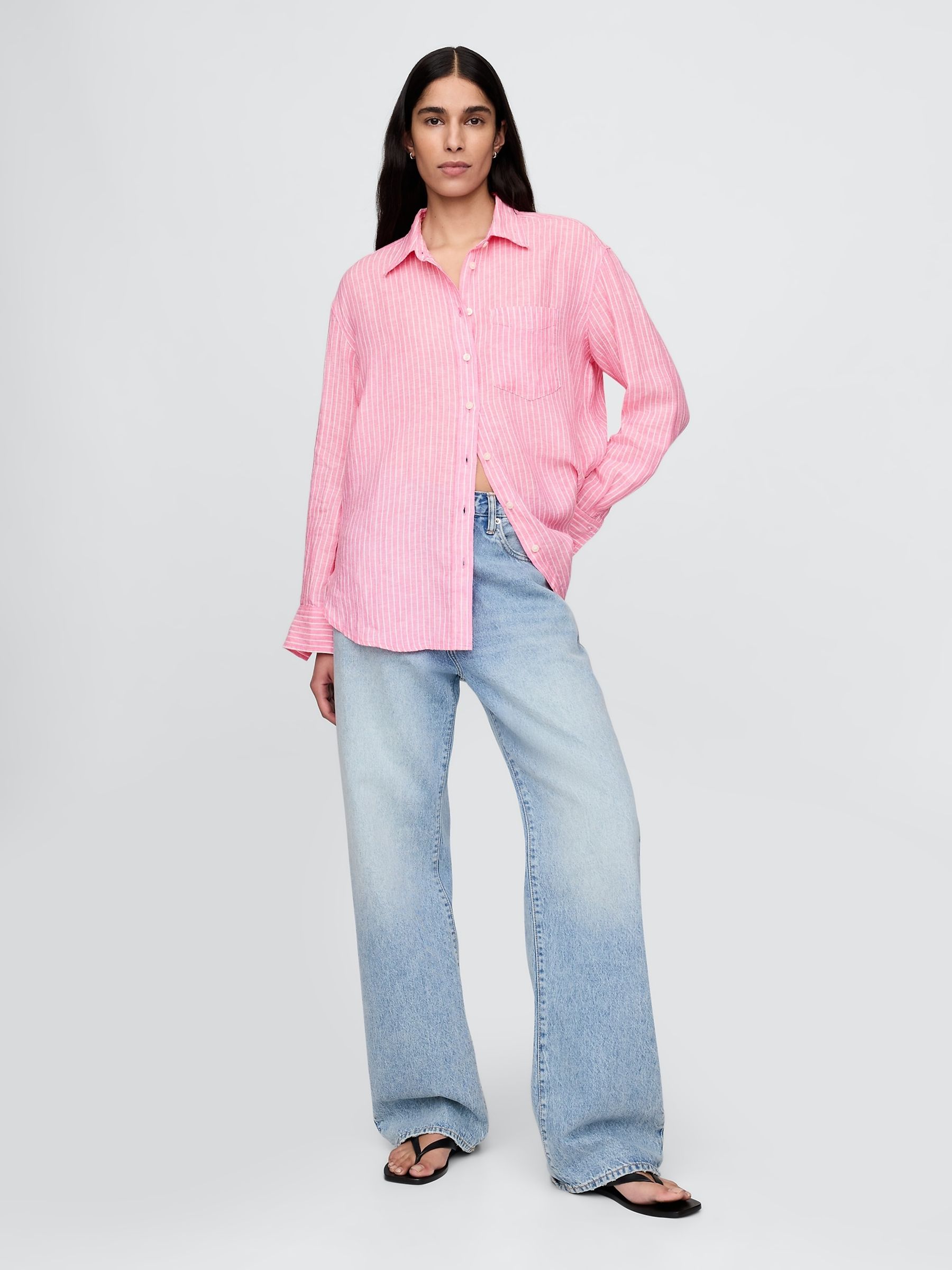 Pink Pinstripe 100% Linen Button Down Long Sleeve Oversized Shirt - Image 3 of 5