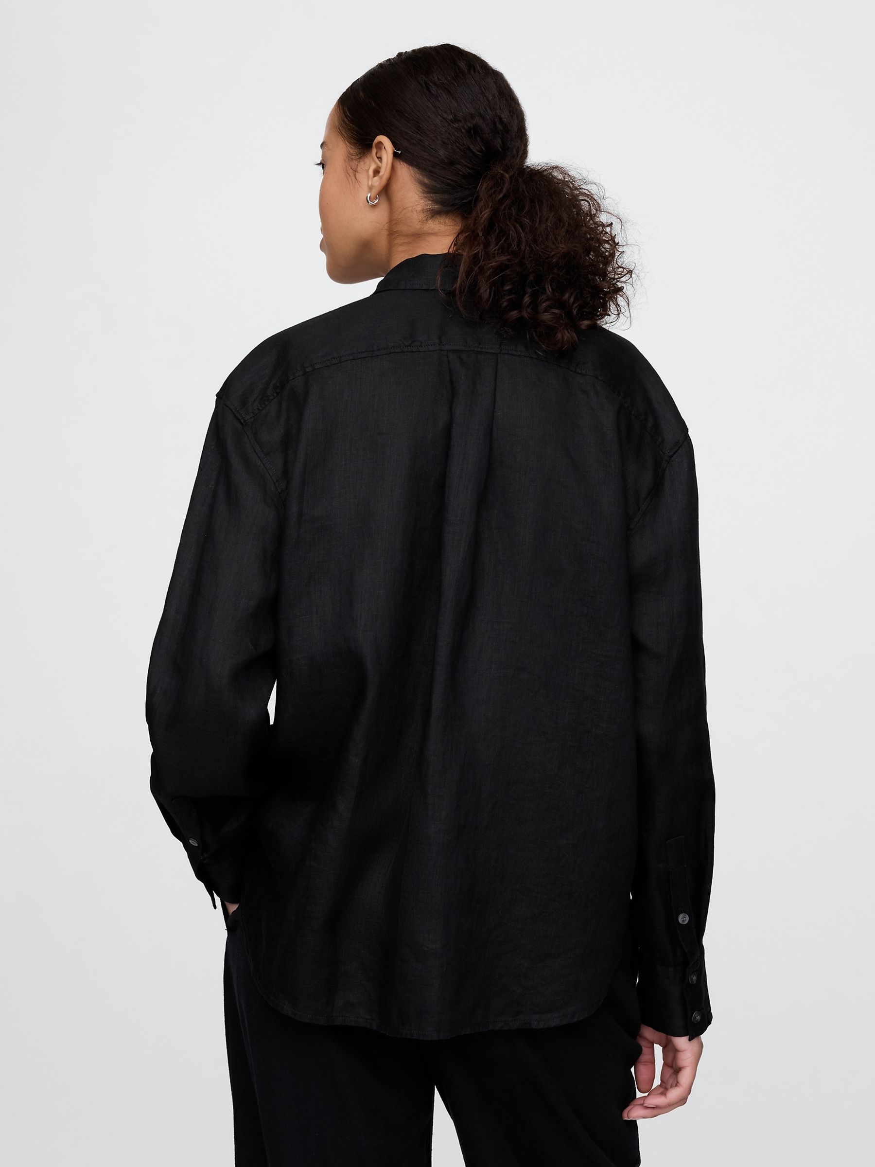 Black 100% Linen Button Down Long Sleeve Oversized Shirt - Image 2 of 5