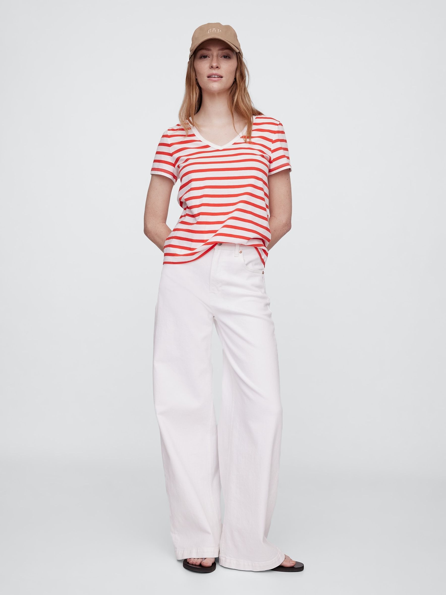 Red/White V-Neck Favourite Cotton Short Sleeve T-Shirt - Image 3 of 5