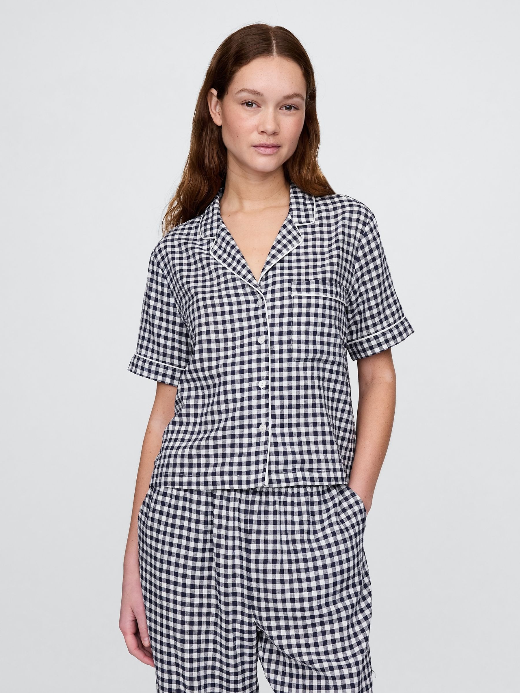 Blue Gingham Linen-Blend Short Sleeve Pyjama Shirt - Image 1 of 4