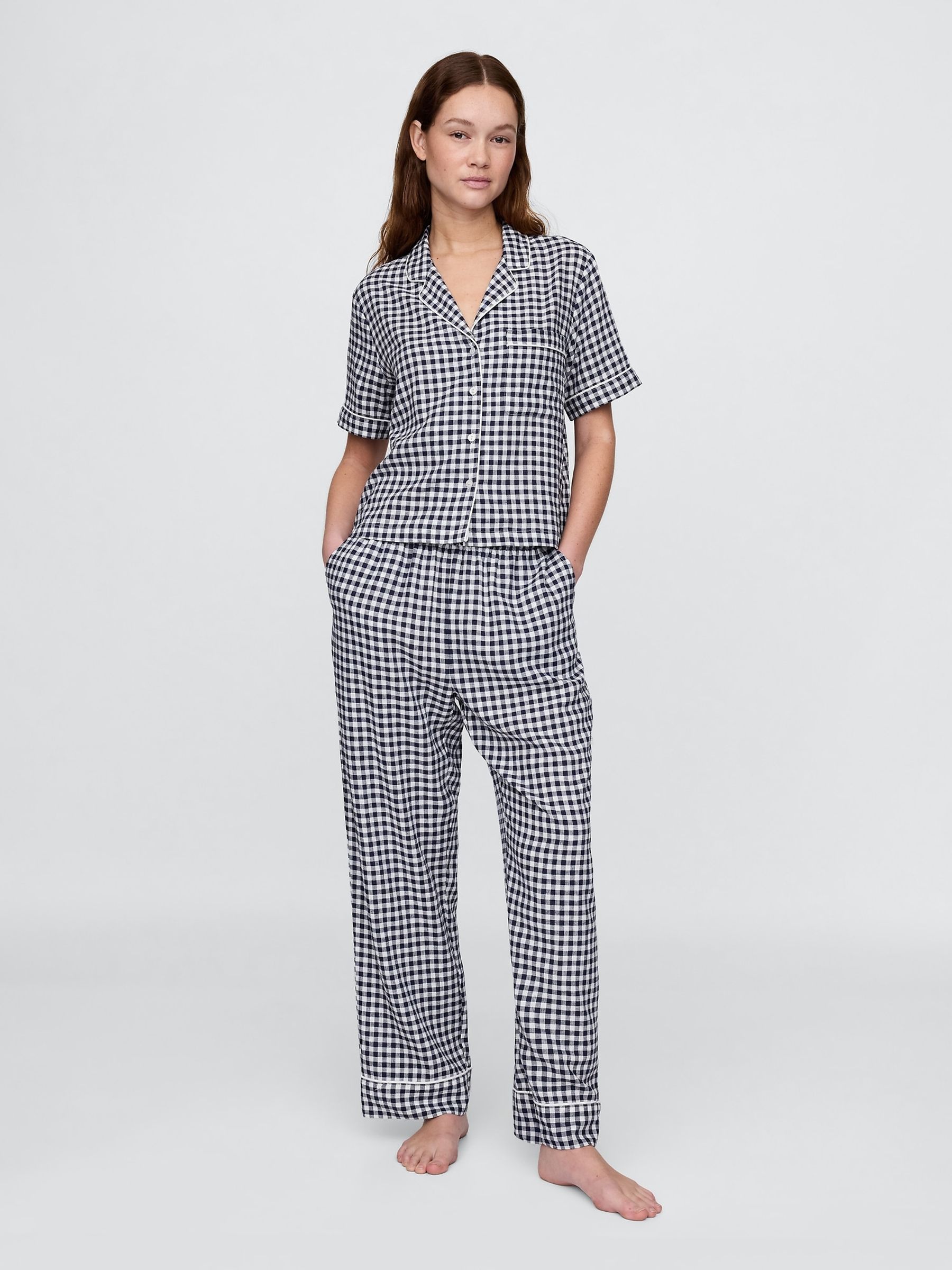 Blue Gingham Linen-Blend Short Sleeve Pyjama Shirt - Image 3 of 4