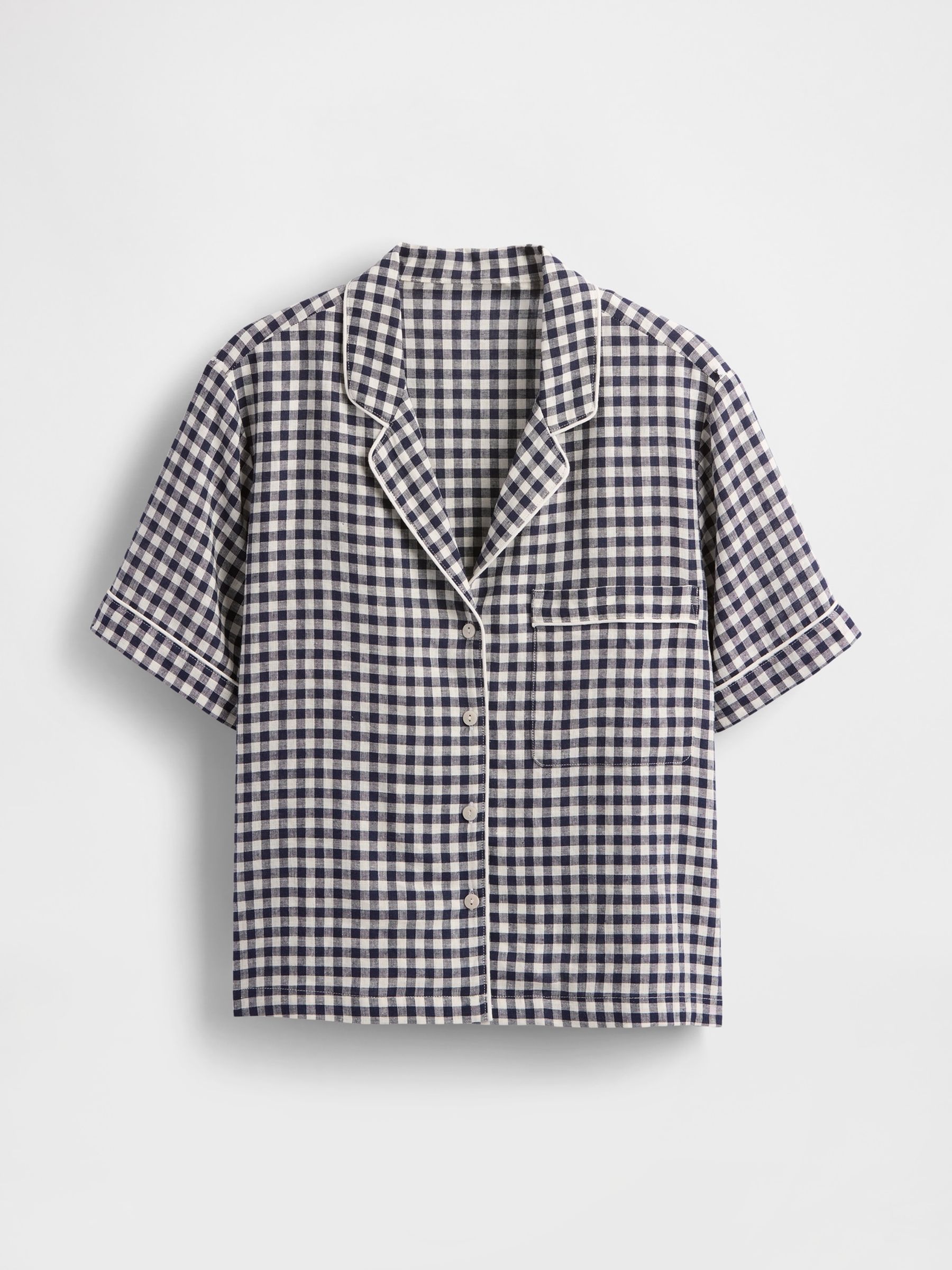 Blue Gingham Linen-Blend Short Sleeve Pyjama Shirt - Image 4 of 4
