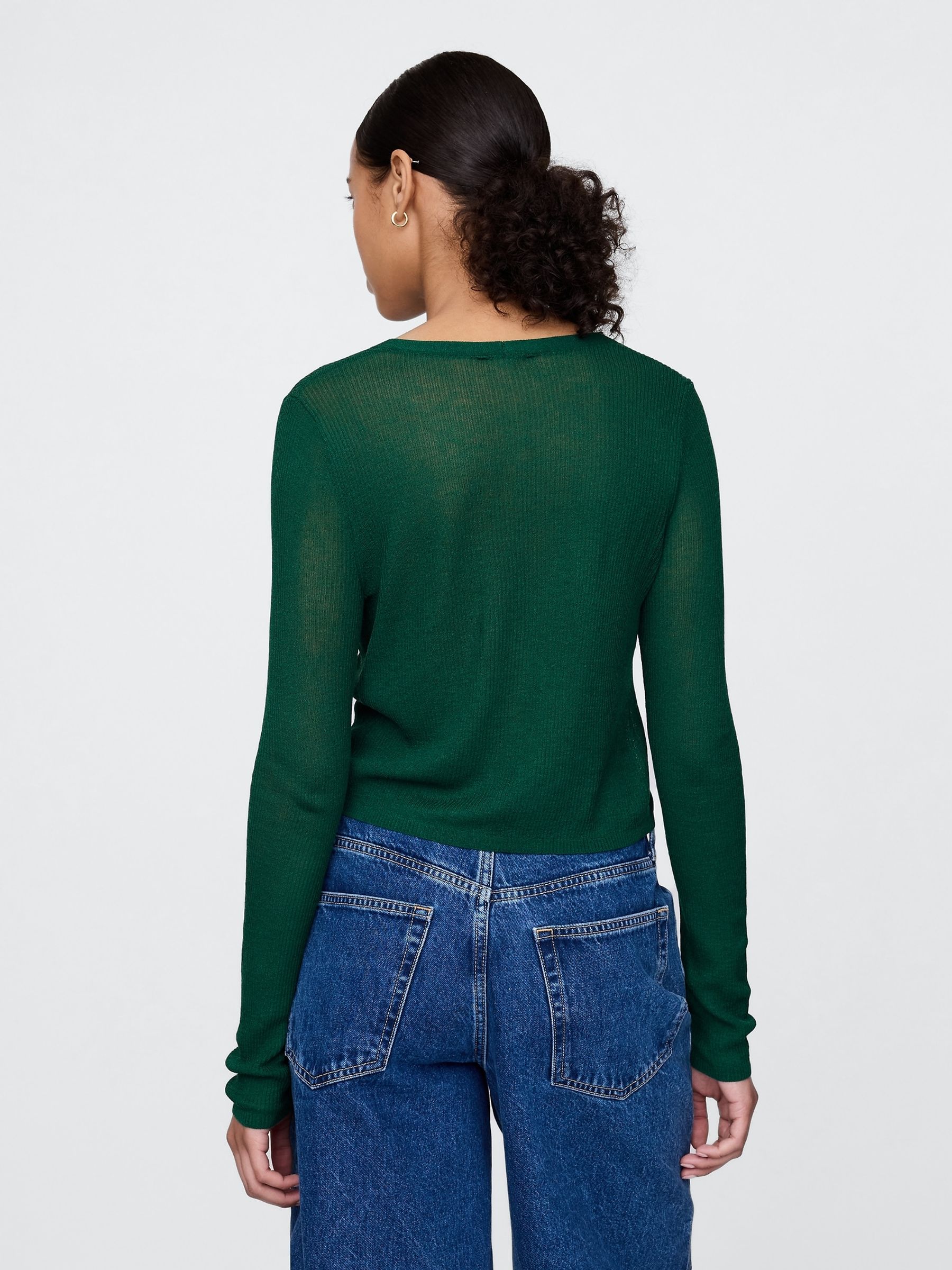 Green Sheer Rib Cropped Tie-Front Cardigan - Image 2 of 5
