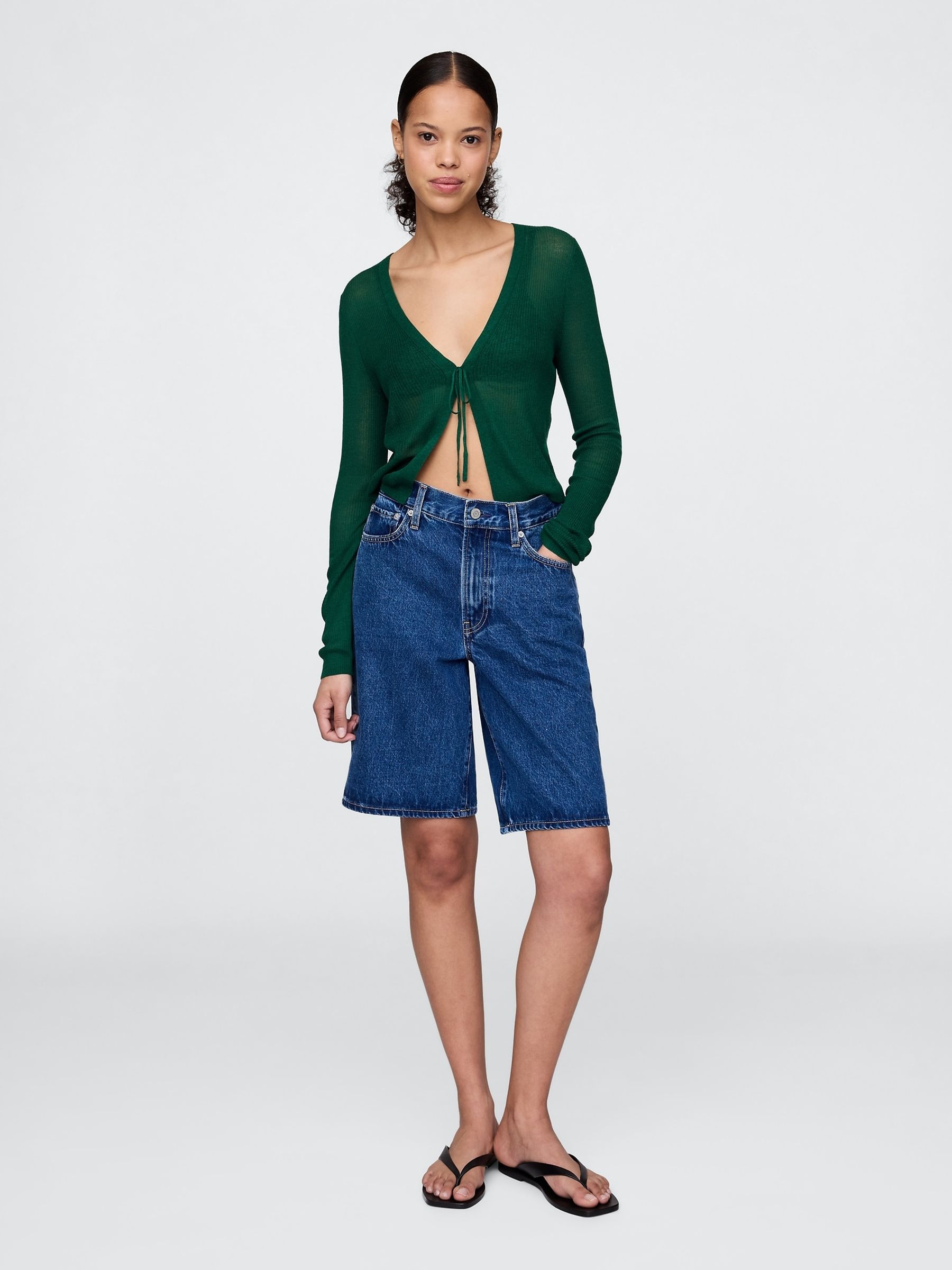 Green Sheer Rib Cropped Tie-Front Cardigan - Image 3 of 5