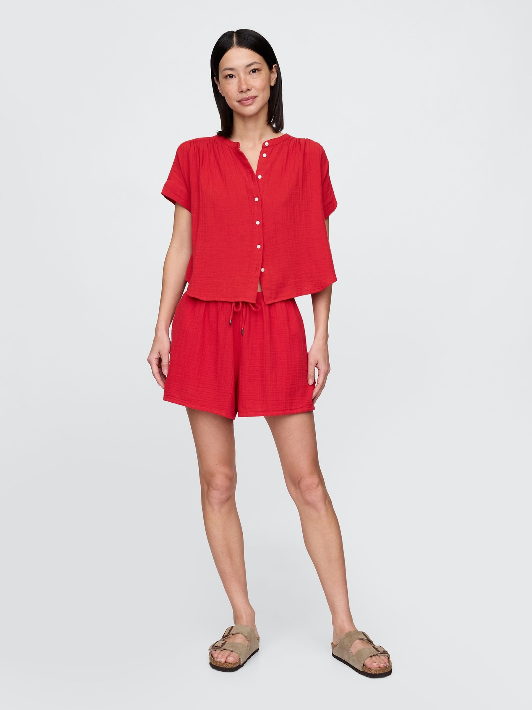 Red 100% Cotton Crinkle Gauze Easy Shorts - Image 4 of 5