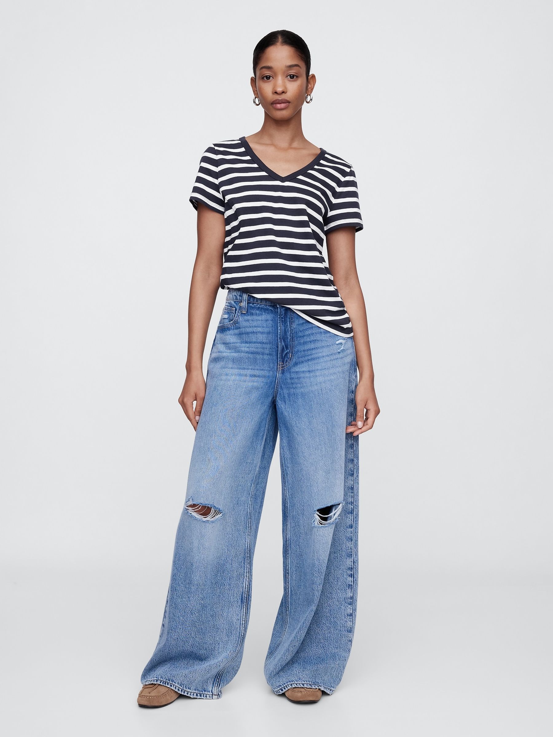 Navy Blue Stripe Favourite V-Neck T-Shirt - Image 3 of 5