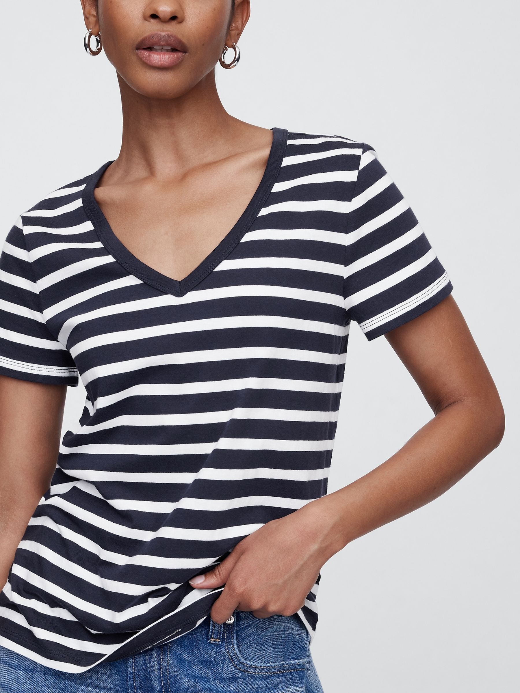 Navy Blue Stripe Favourite V-Neck T-Shirt - Image 4 of 5