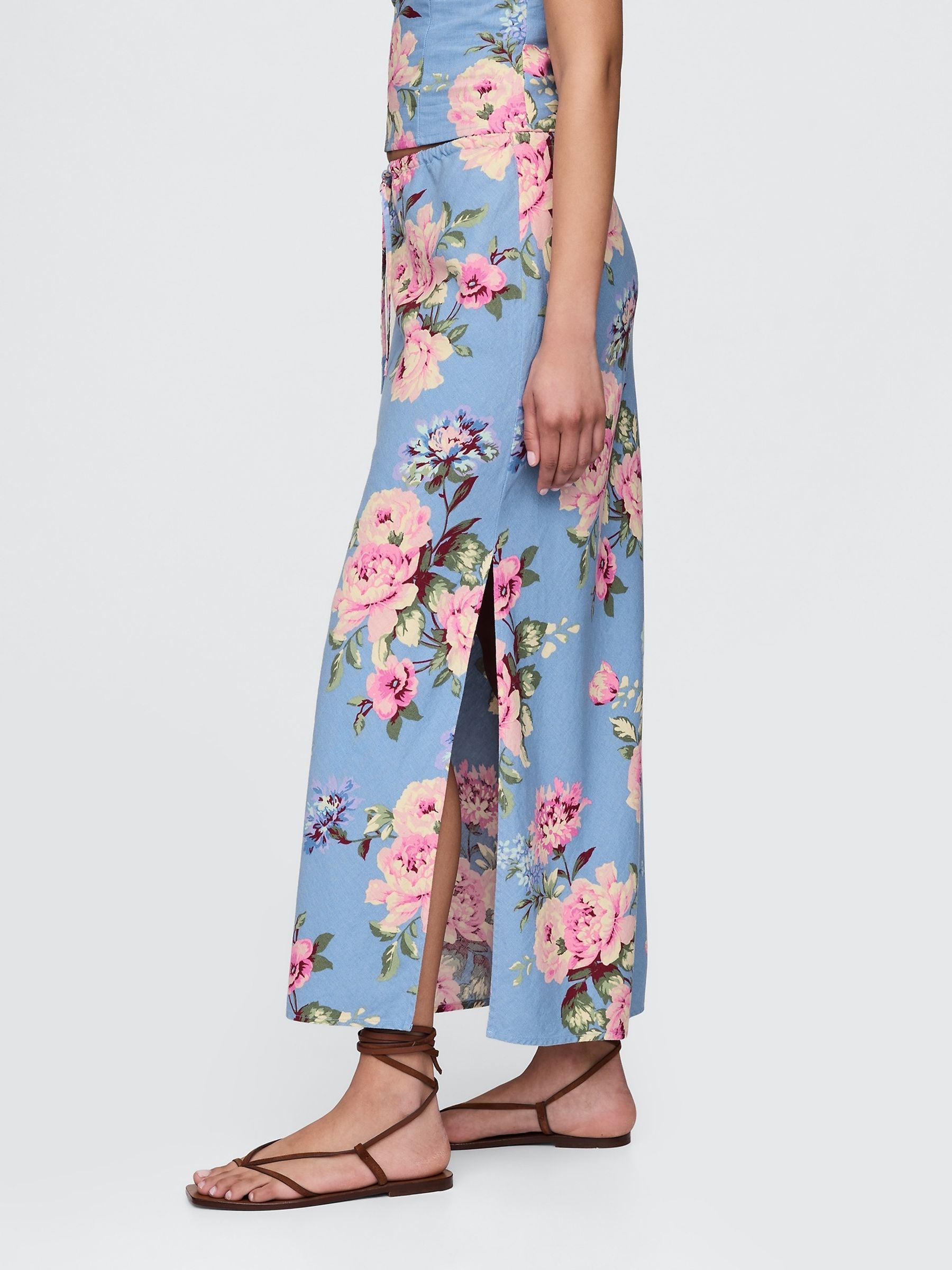 Blue Floral Linen-Blend Midi Skirt - Image 2 of 2