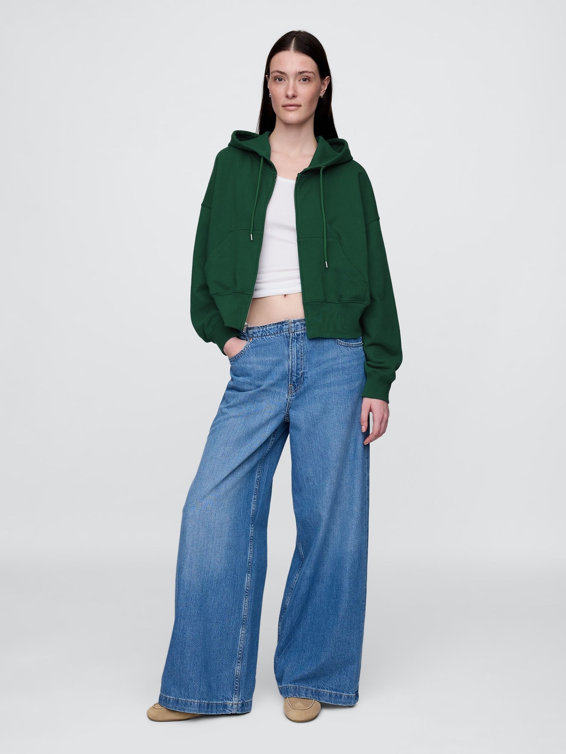 Green Heavyweight French Terry Oversized Zip Wedge Hoodie - Image 1 of 5
