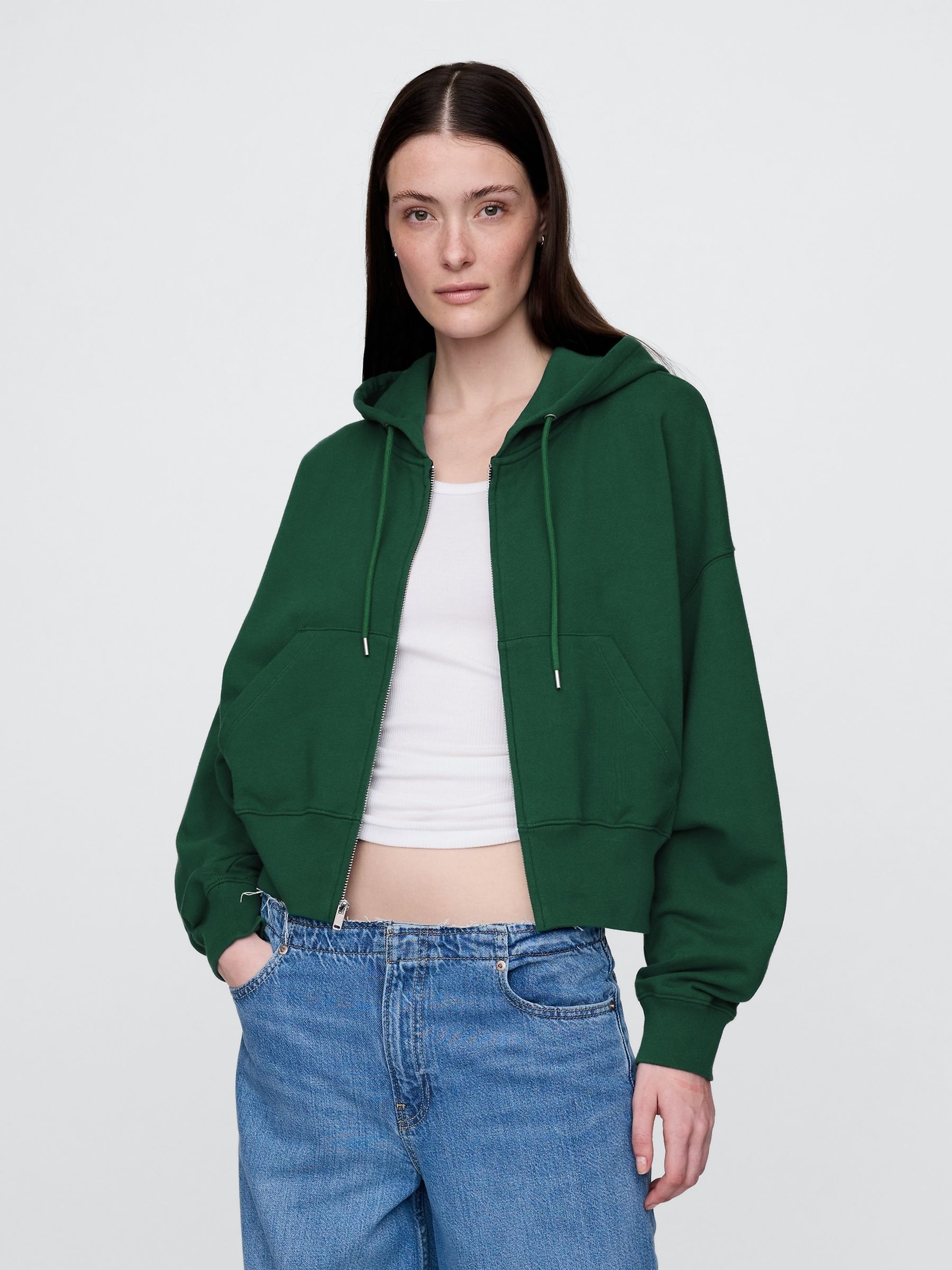 Green Heavyweight French Terry Oversized Zip Wedge Hoodie - Image 2 of 5