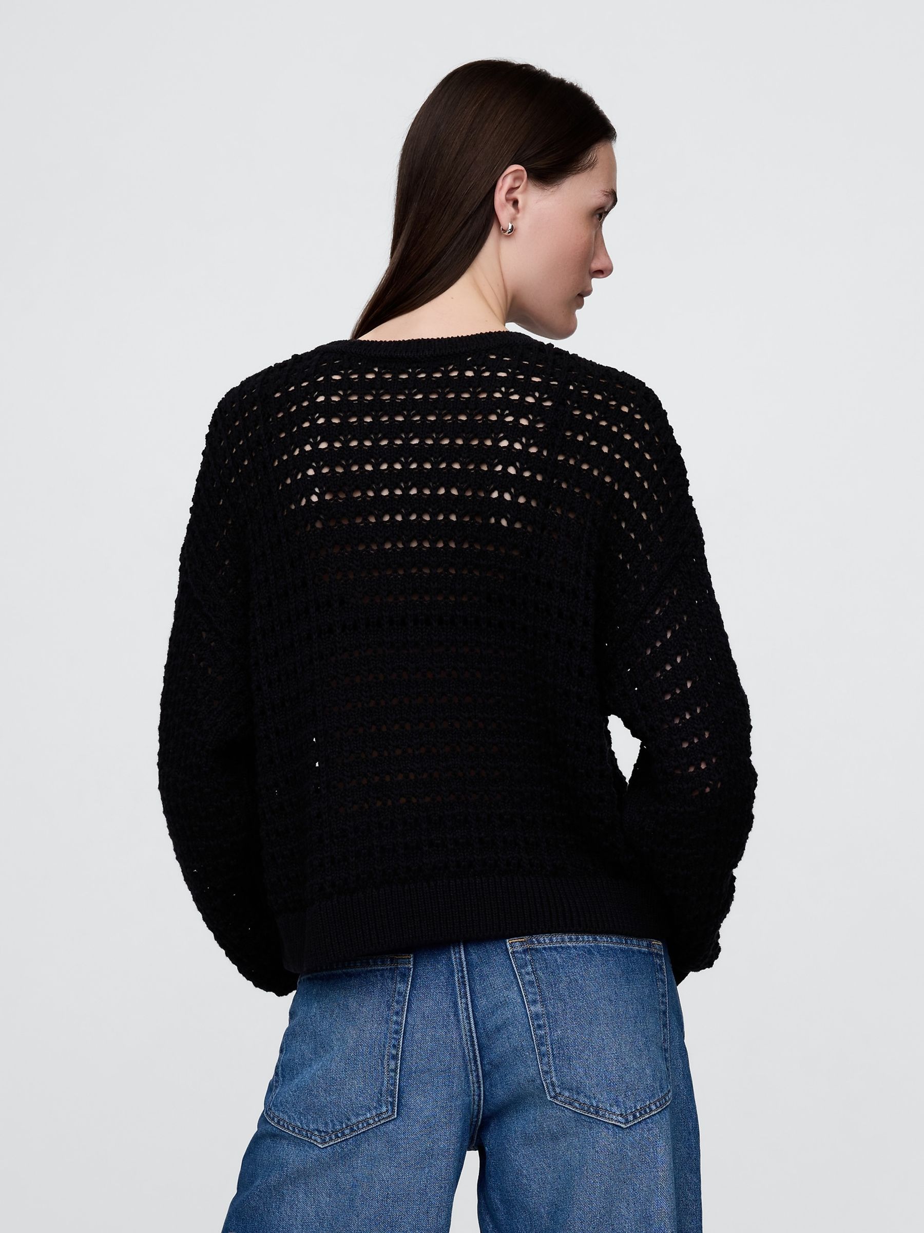 Black 100% Cotton Oversized Crochet Crew Neck Jumper - Image 2 of 5