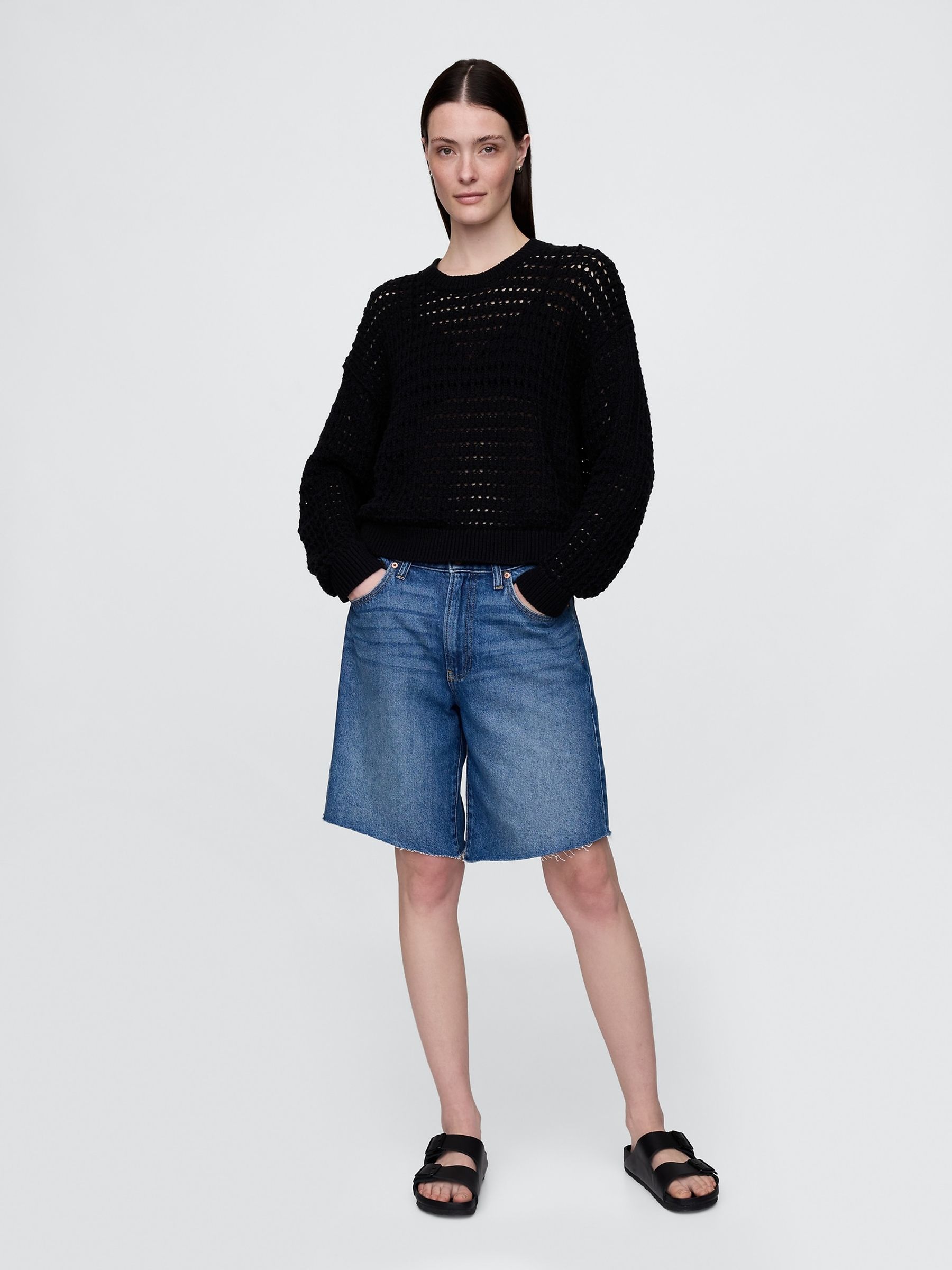 Black 100% Cotton Oversized Crochet Crew Neck Jumper - Image 3 of 5