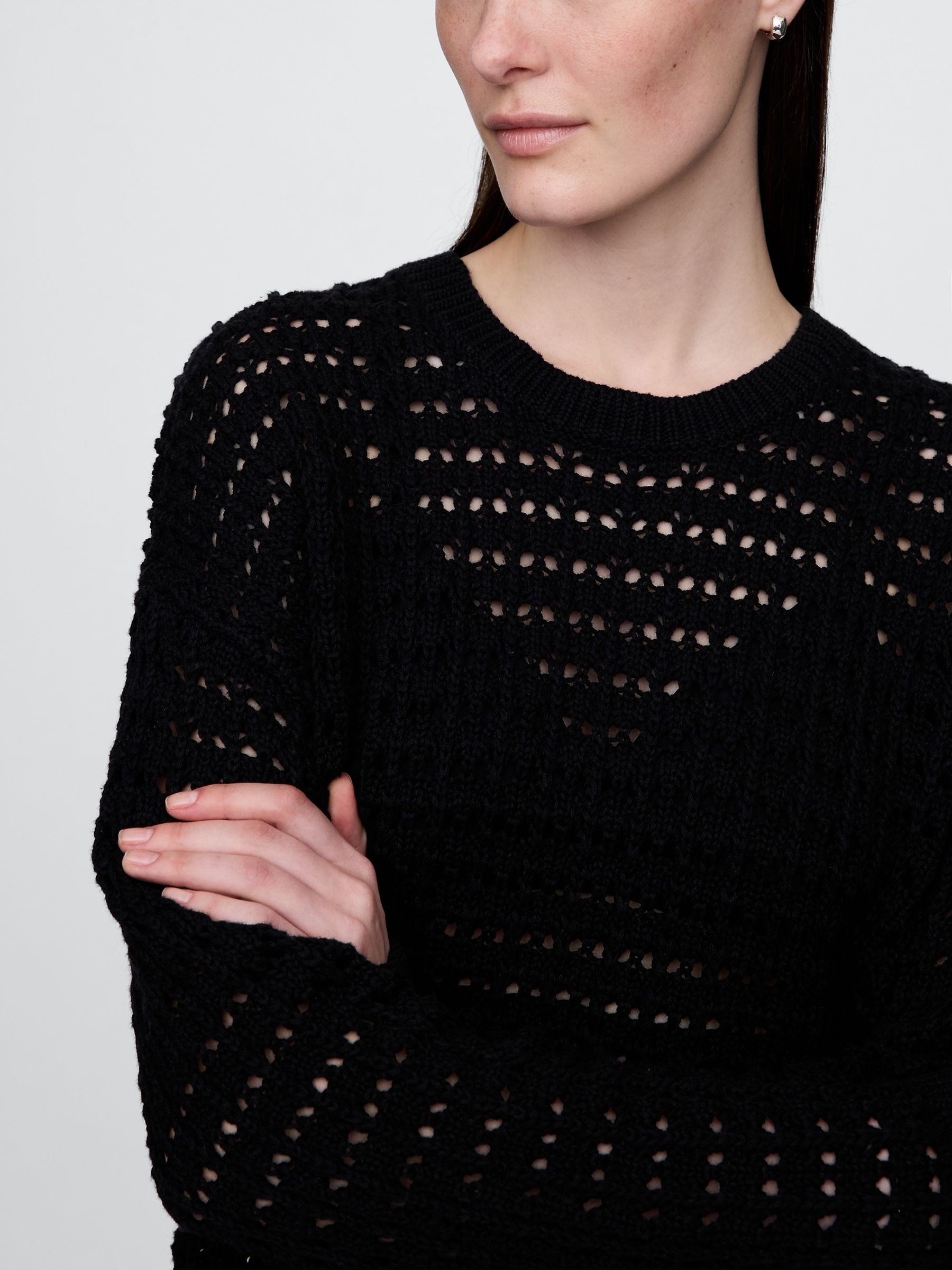 Black 100% Cotton Oversized Crochet Crew Neck Jumper - Image 4 of 5
