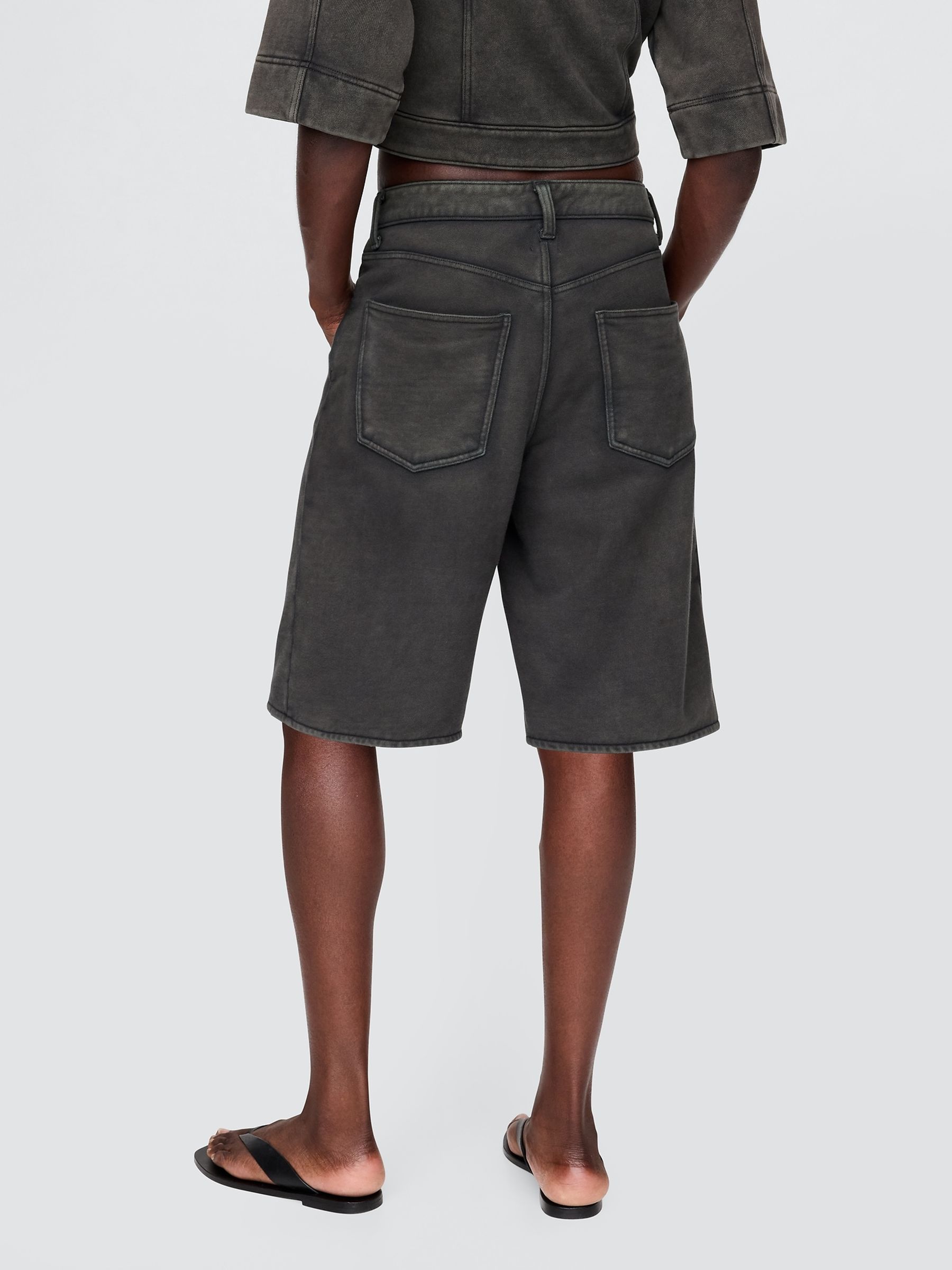 Black 11" Mid Waisted French Terry Denim Longline Shorts - Image 2 of 3