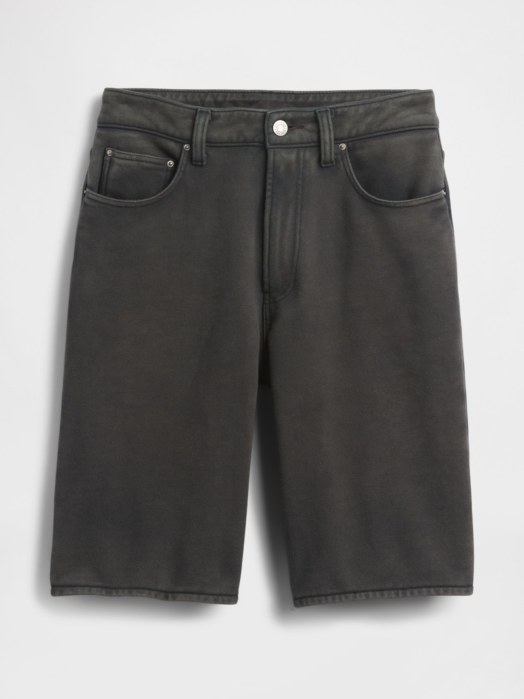Black 11" Mid Waisted French Terry Denim Longline Shorts - Image 3 of 3