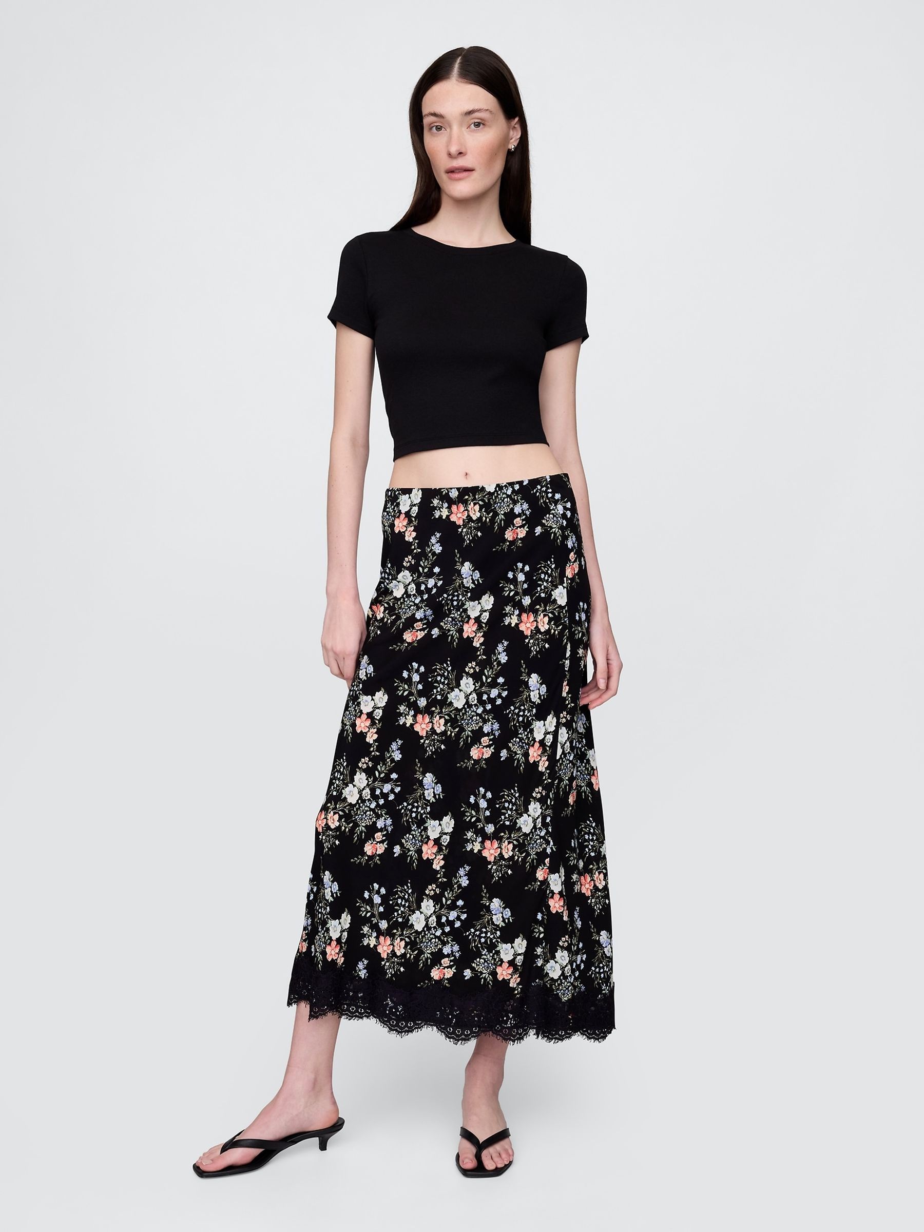 Black Floral Crepe Lace-Trim Maxi Skirt - Image 1 of 5