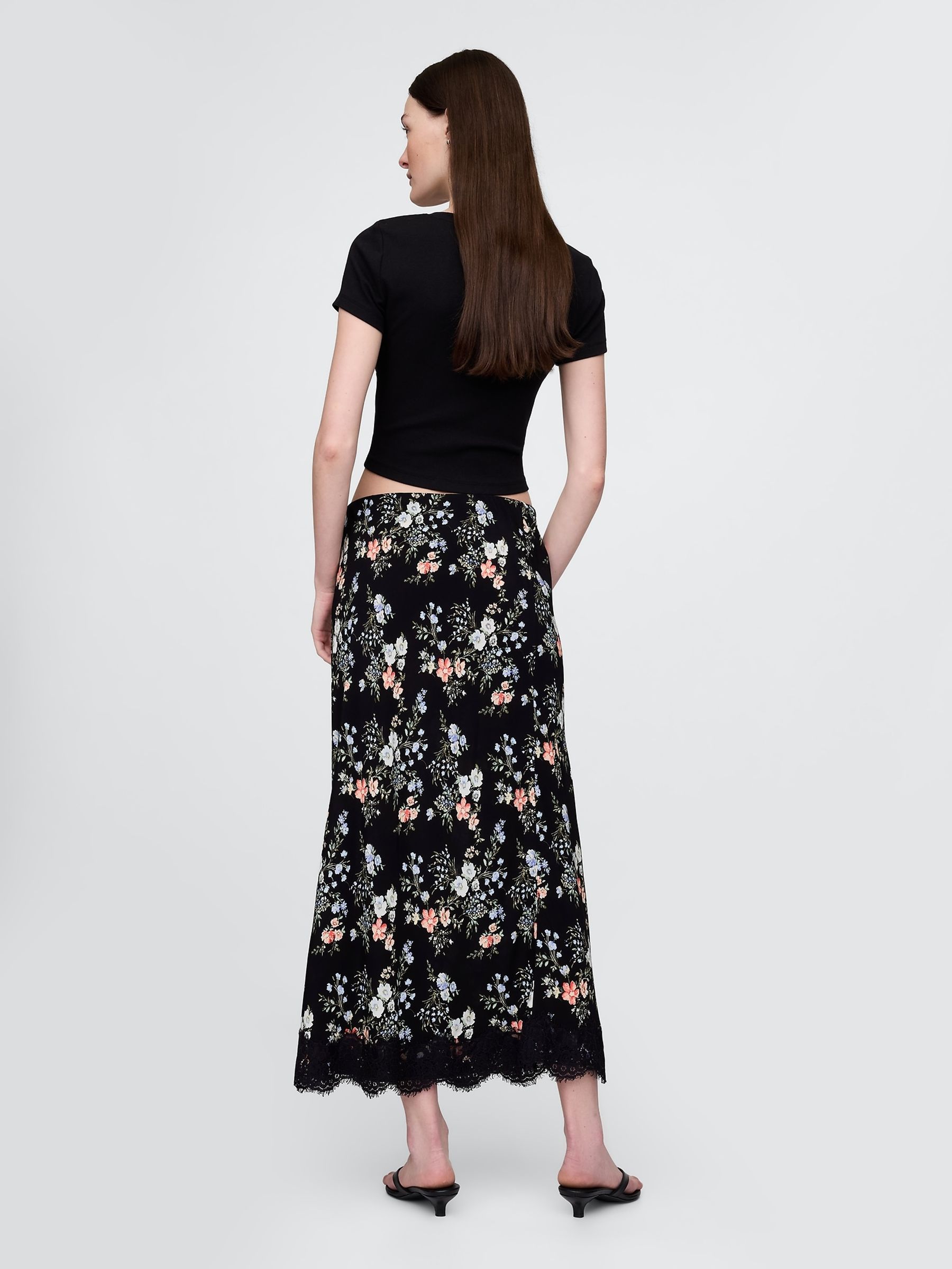 Black Floral Crepe Lace-Trim Maxi Skirt - Image 2 of 5