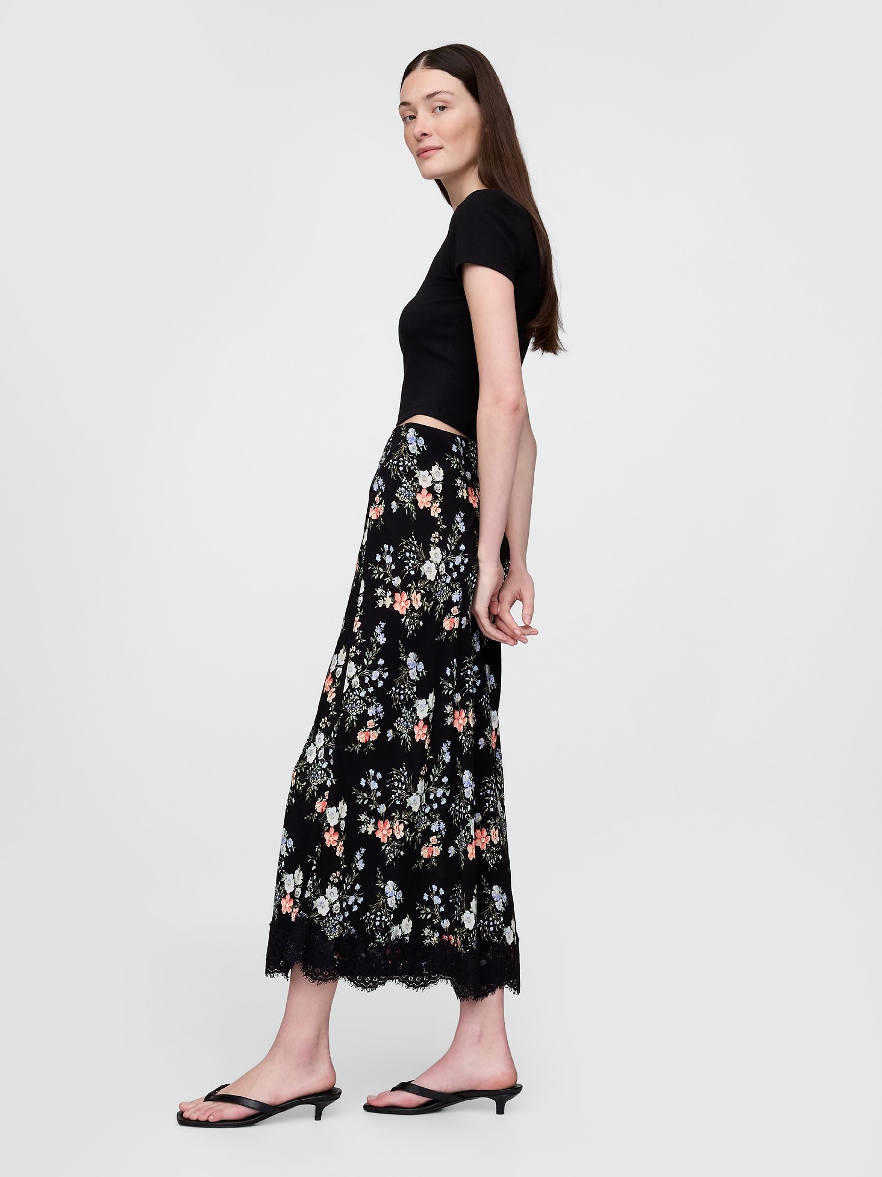 Black Floral Crepe Lace-Trim Maxi Skirt - Image 3 of 5