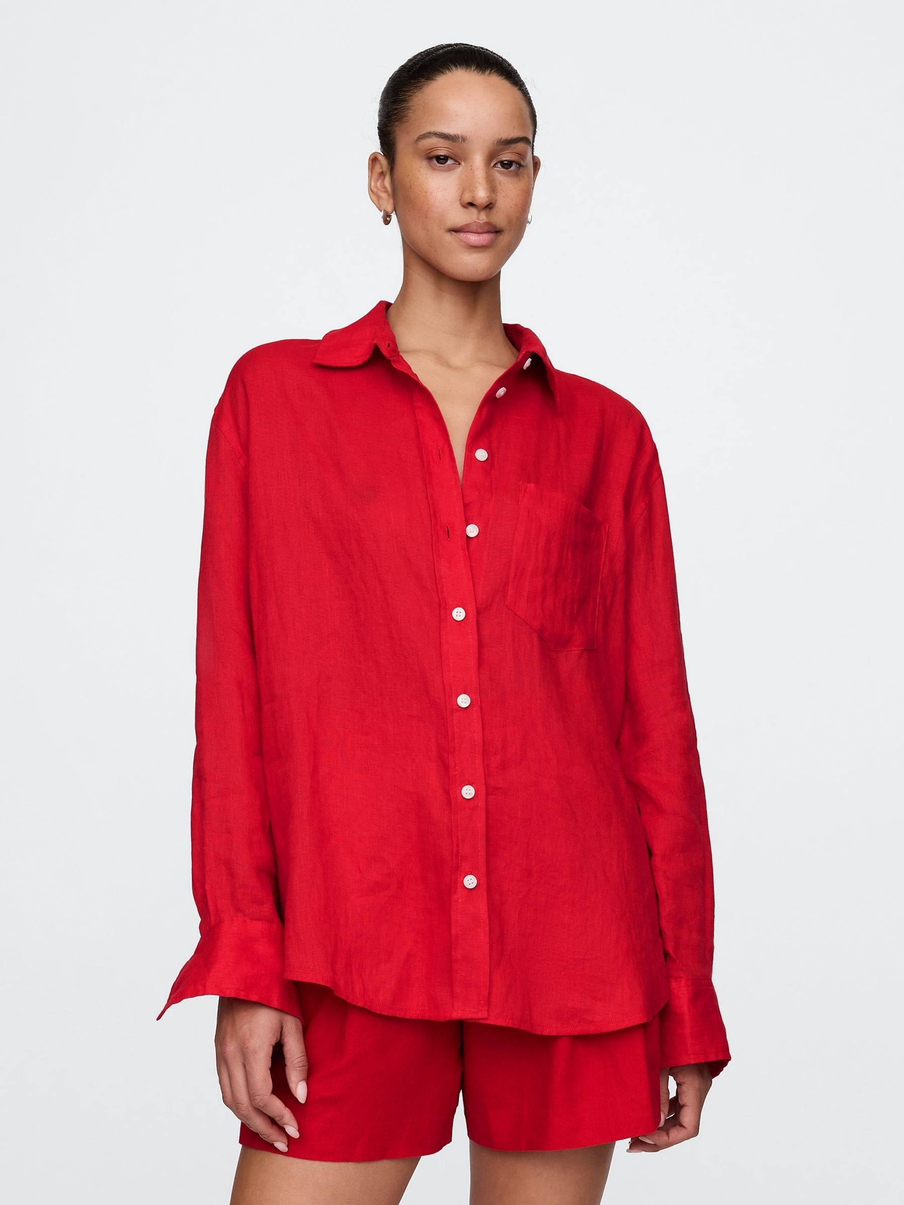 Red 100% Linen Button Down Long Sleeve Oversized Shirt - Image 1 of 4