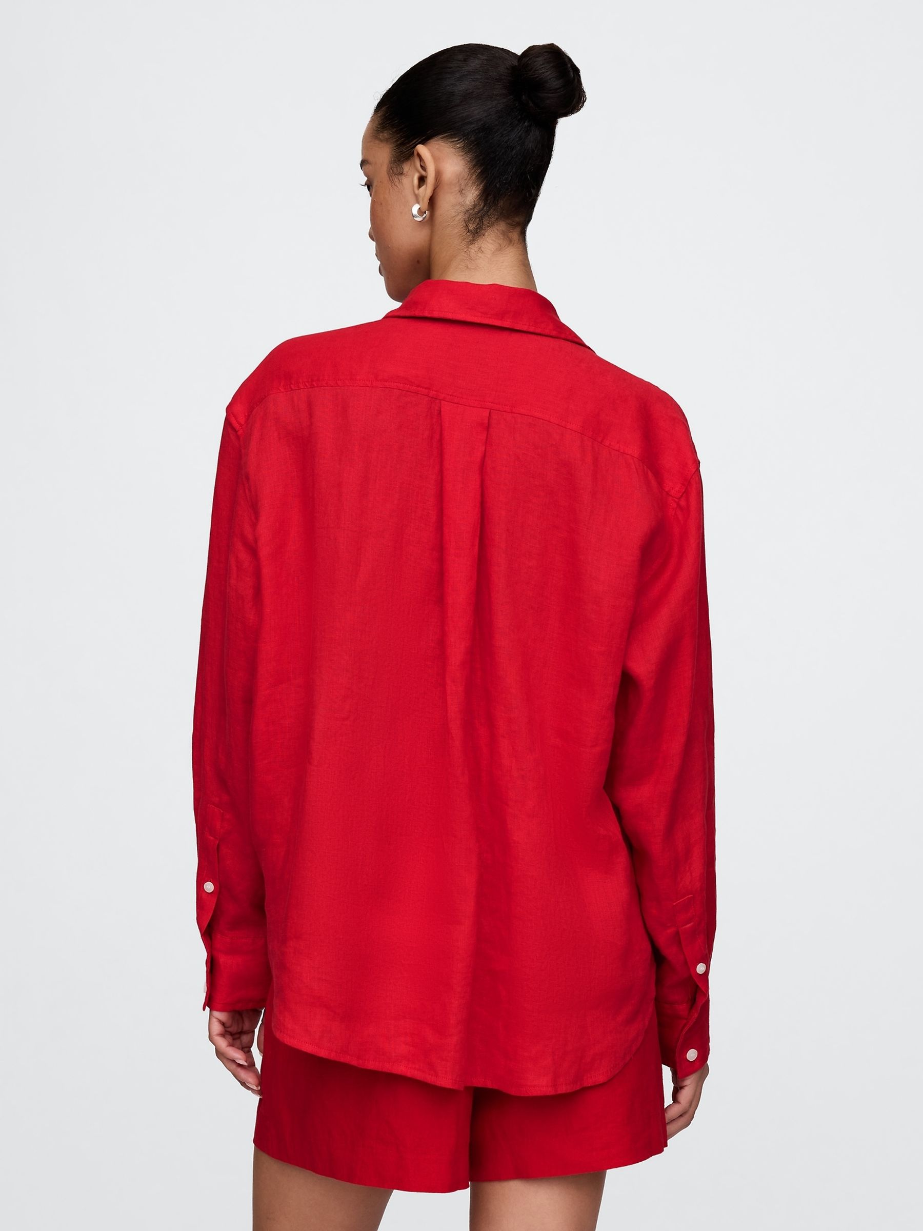 Red 100% Linen Button Down Long Sleeve Oversized Shirt - Image 2 of 4