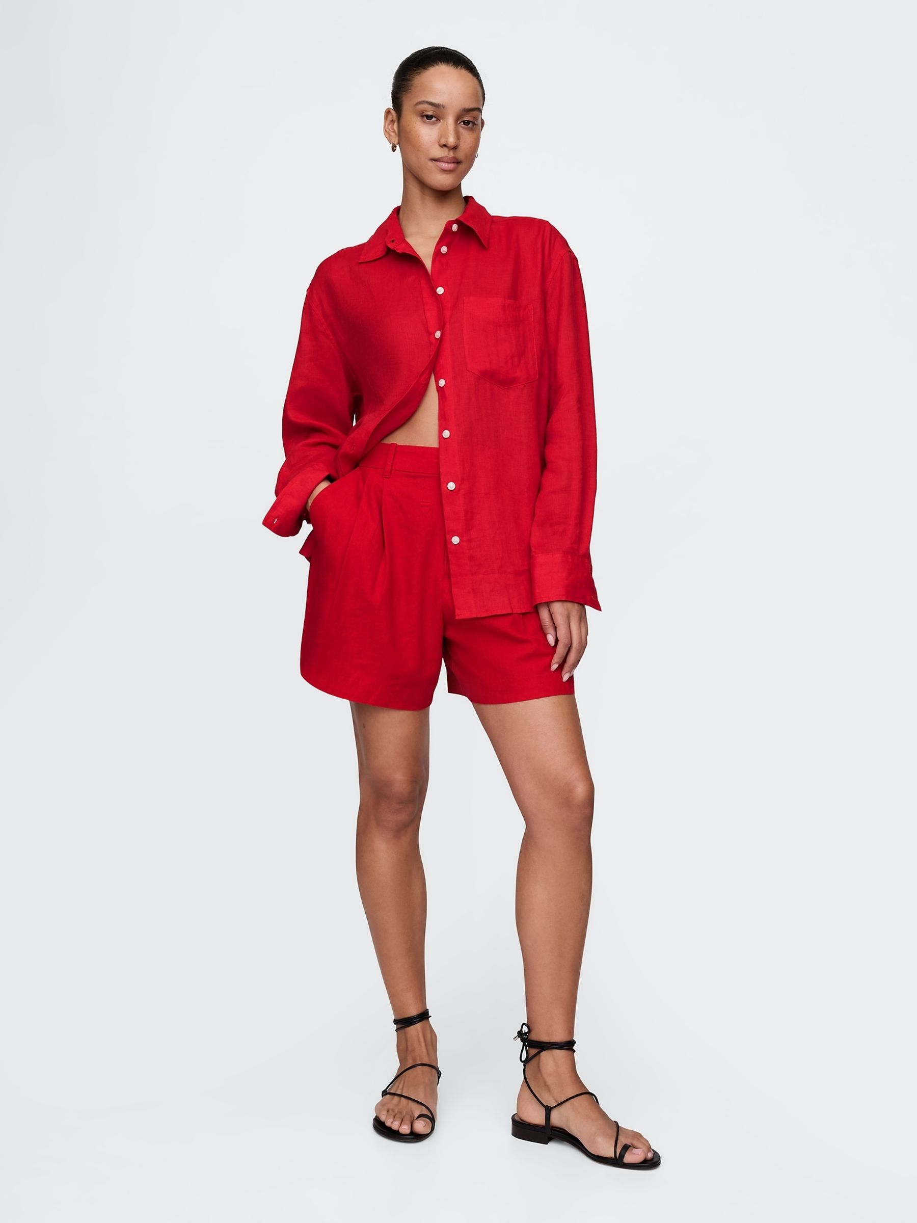 Red 100% Linen Button Down Long Sleeve Oversized Shirt - Image 3 of 4