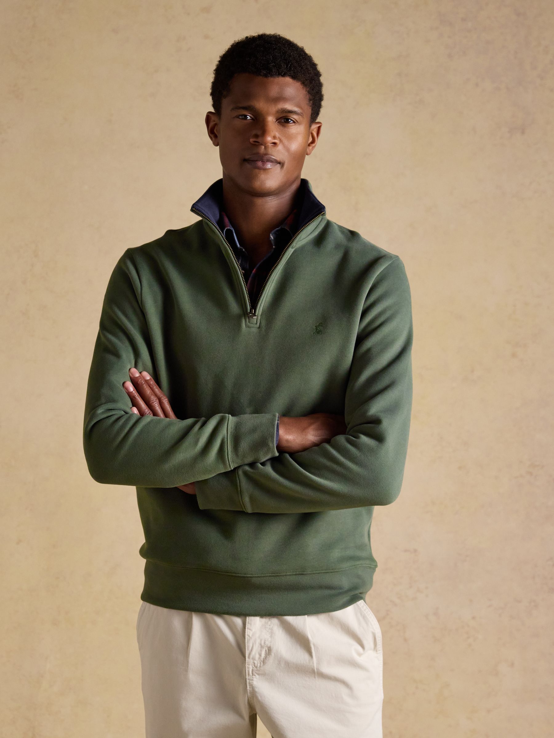 Alistair Khaki Green French Ribbed Knit Quarter Zip Sweatshirt - Image 1 of 8