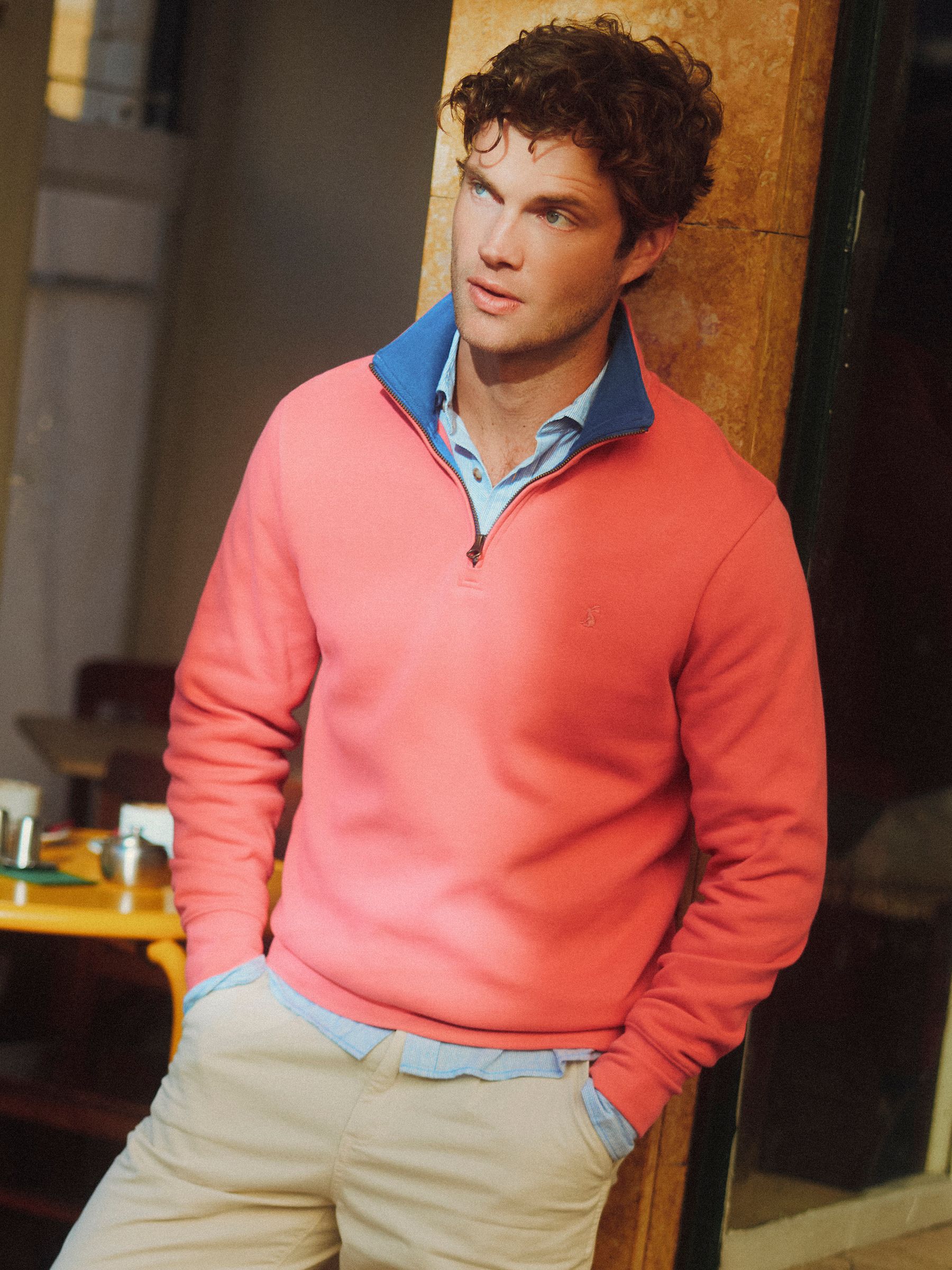 Alistair Pink French Ribbed Knit Quarter Zip Sweatshirt - Image 1 of 11