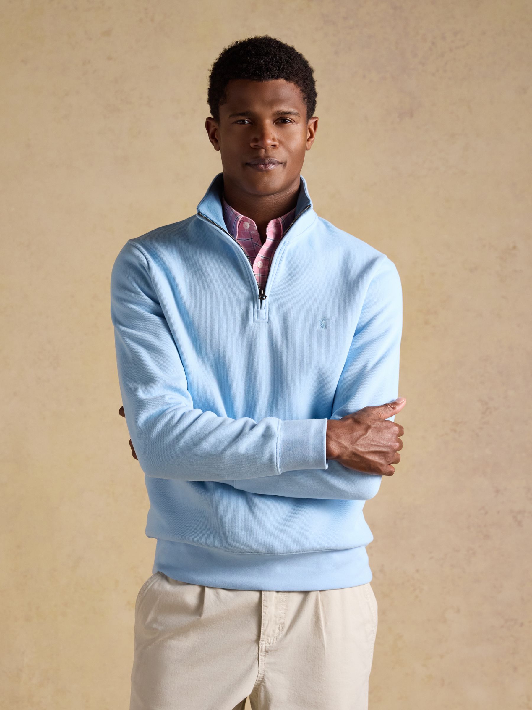 Alistair Light Blue French Ribbed Quarter Zip Sweatshirt | Joules