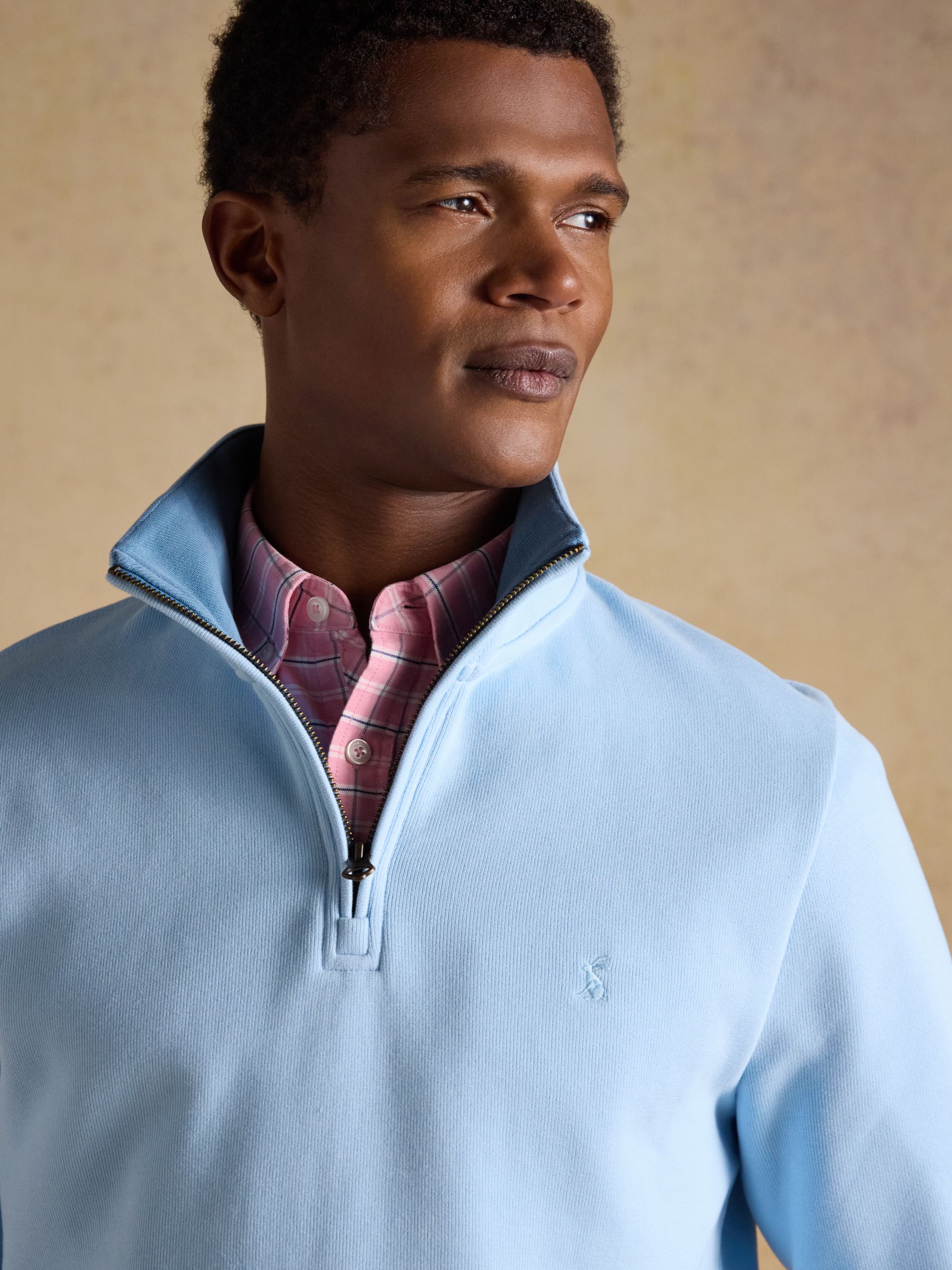 Alistair Light Blue French Ribbed Quarter Zip Sweatshirt | Joules