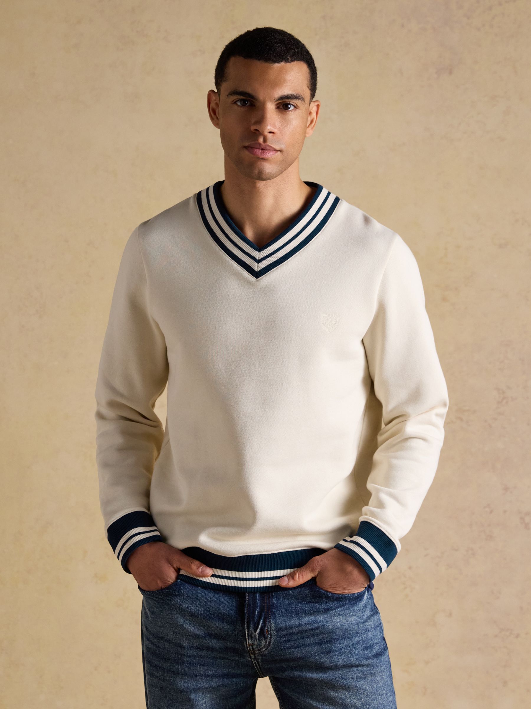 Cream Brushed Cotton Rib Neck Sweatshirt | Joules