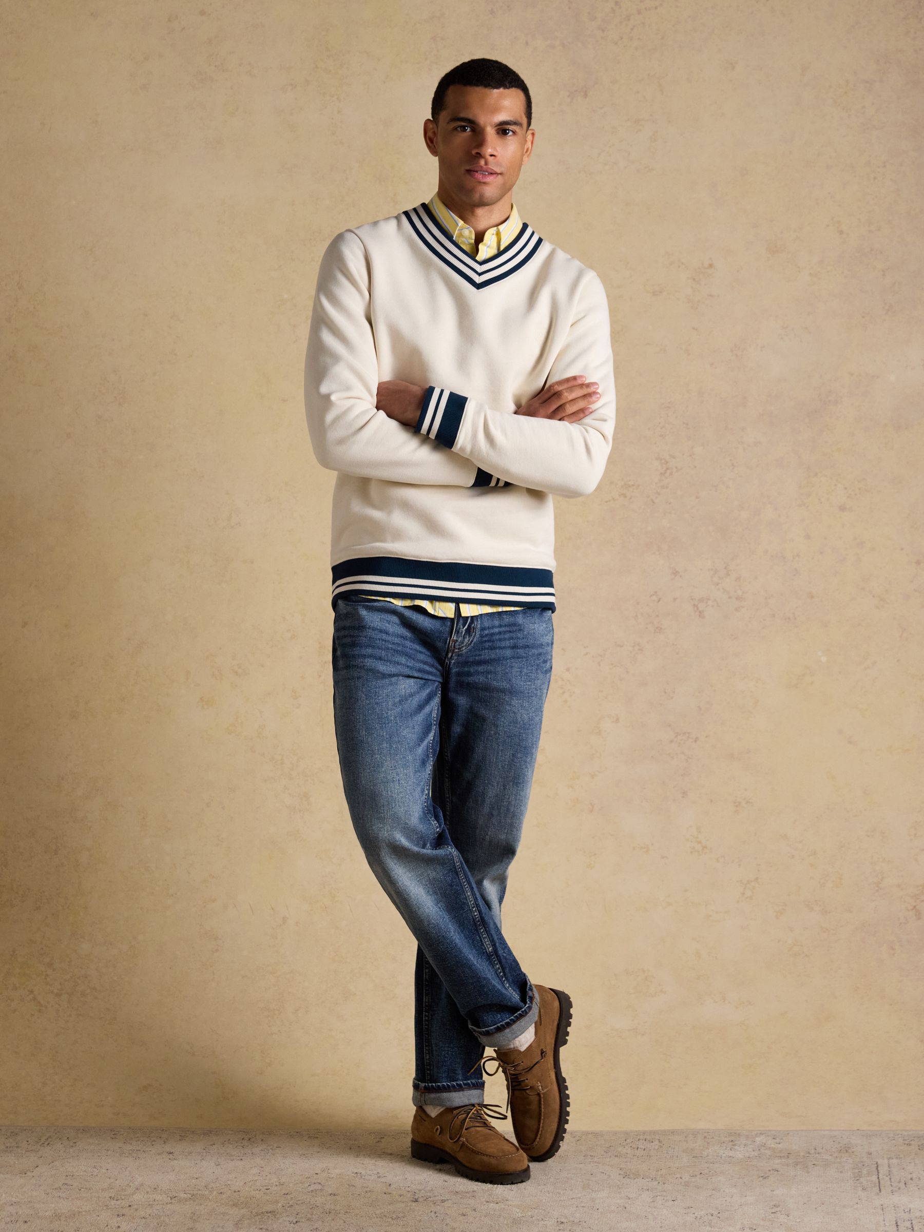 Cream Brushed Cotton Rib Neck Sweatshirt - Image 4 of 10