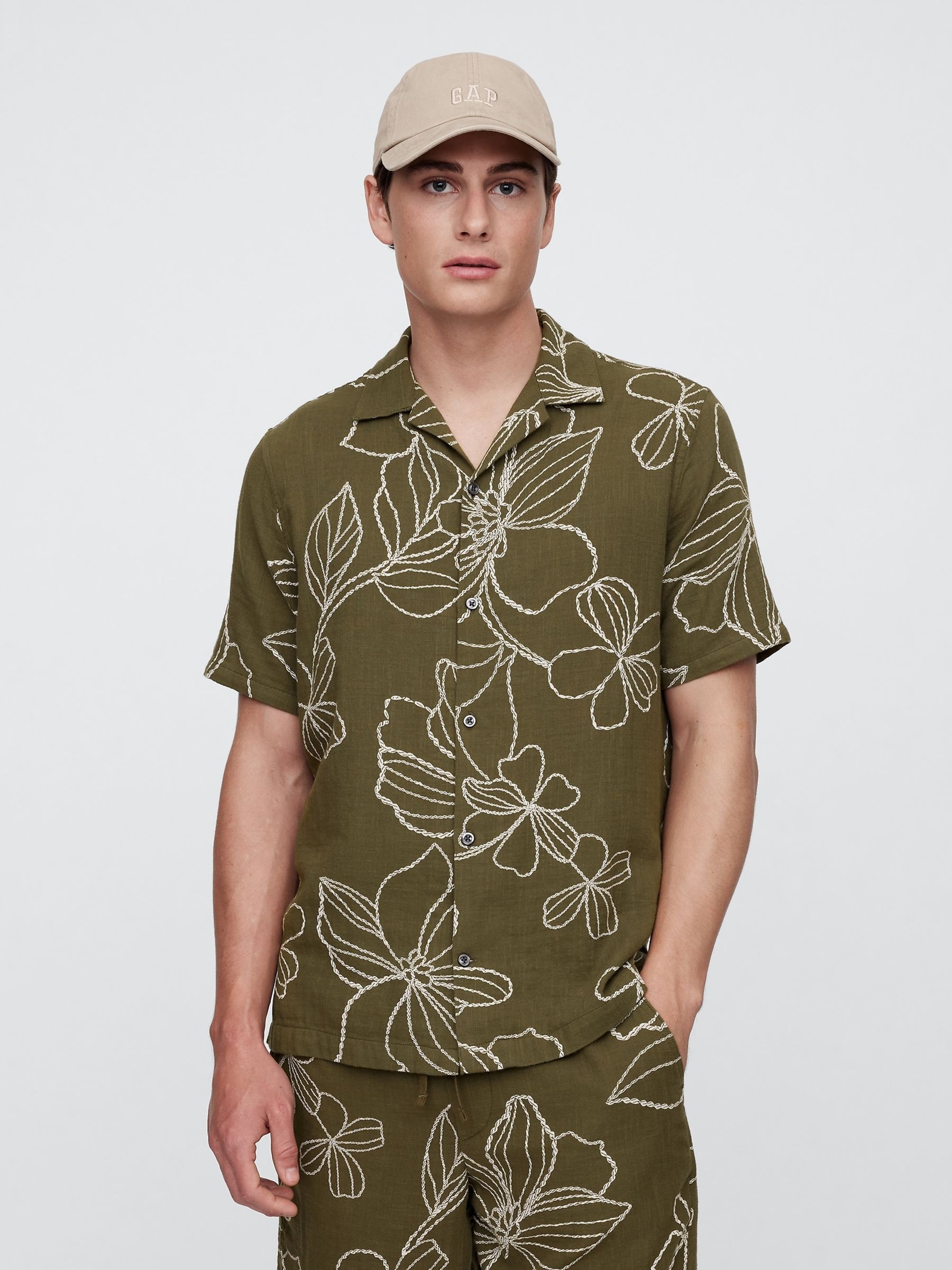 Khaki Green Gauze Holiday Shirt in Standard Fit - Image 1 of 4