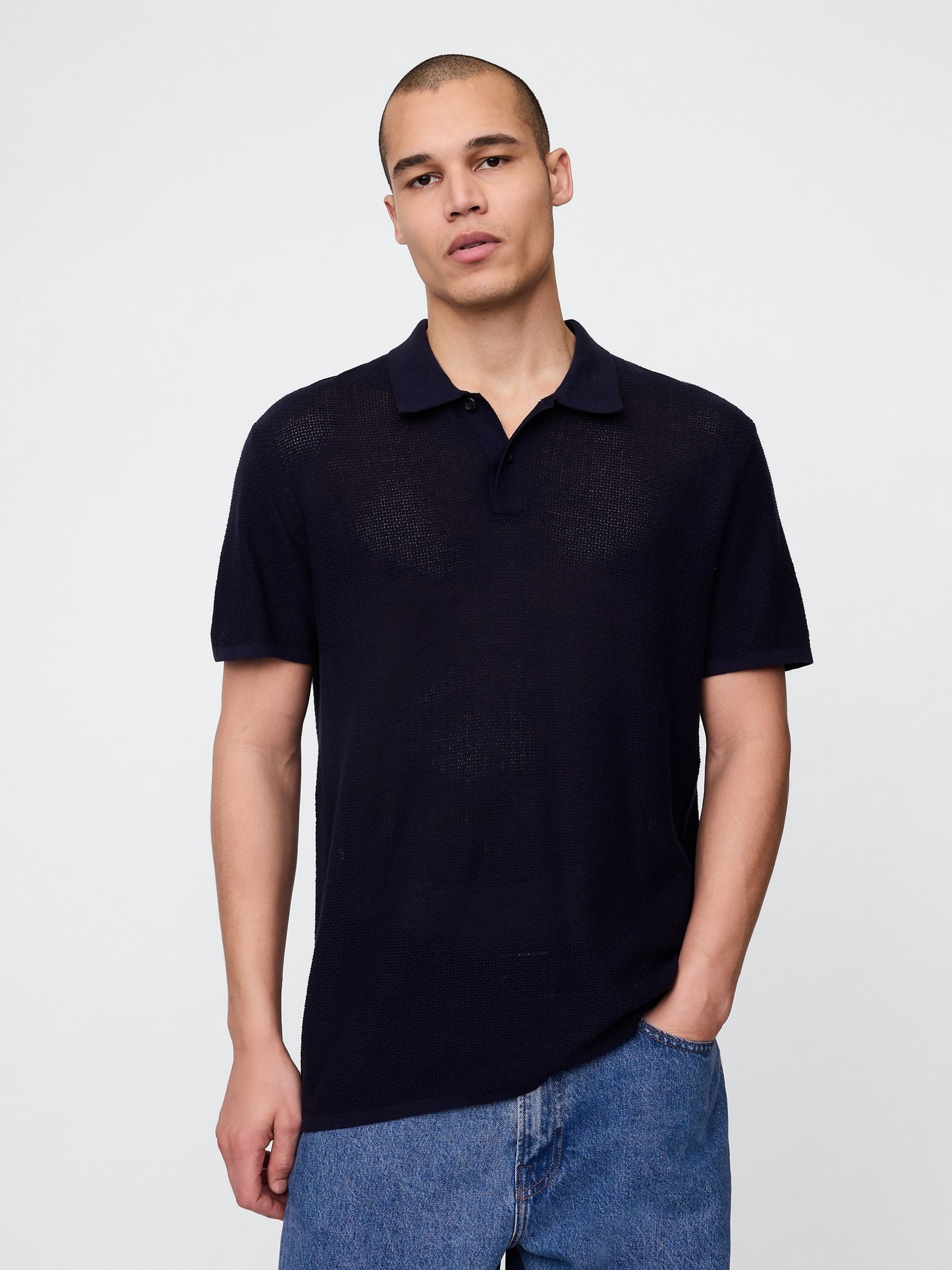 Navy/Blue Textured Crochet Short Sleeve Polo Shirt - Image 1 of 5