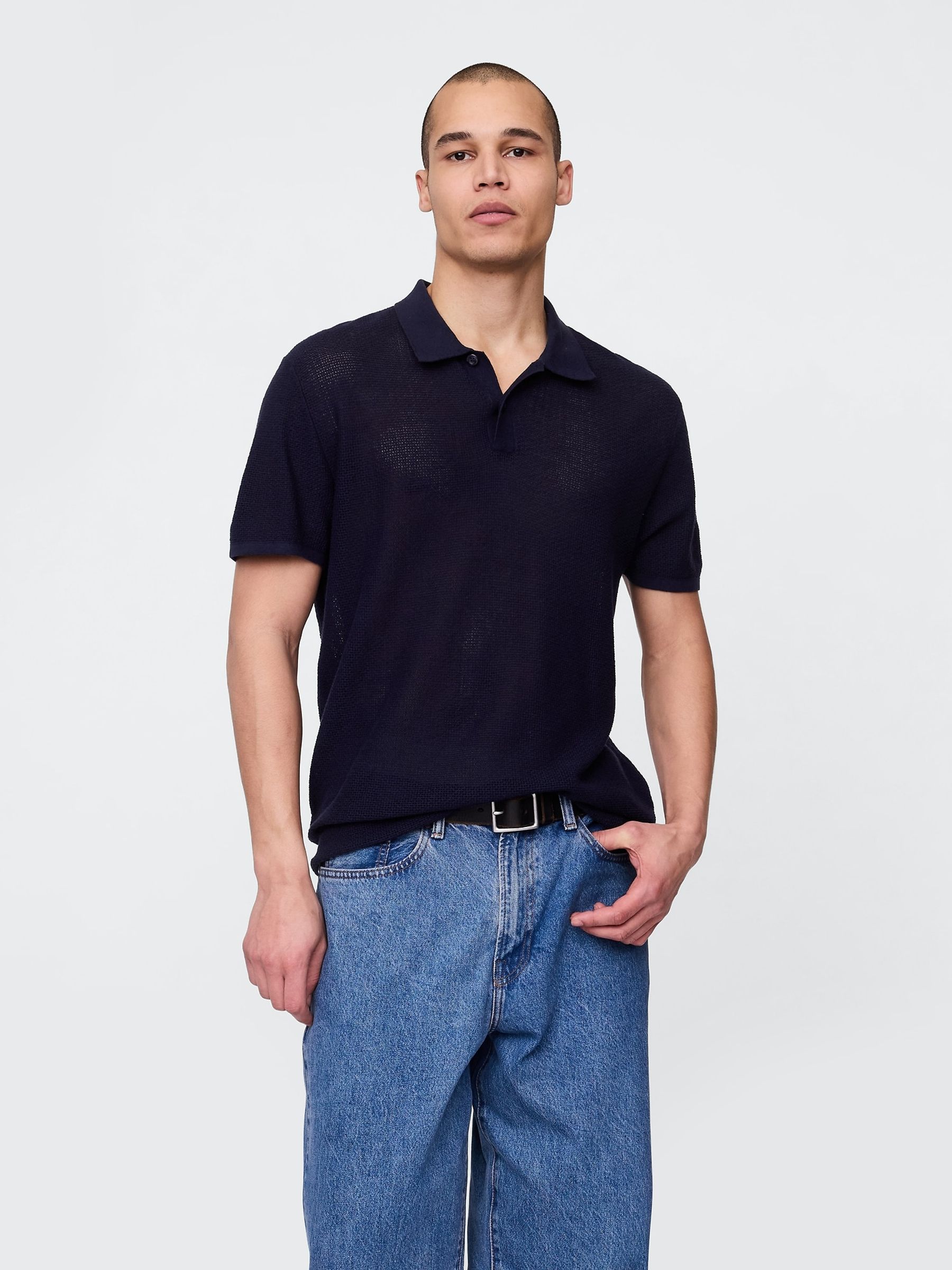 Navy/Blue Textured Crochet Short Sleeve Polo Shirt - Image 2 of 5