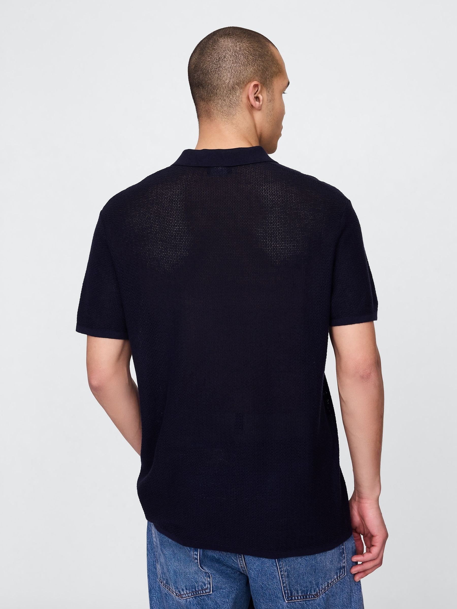 Navy/Blue Textured Crochet Short Sleeve Polo Shirt - Image 3 of 5