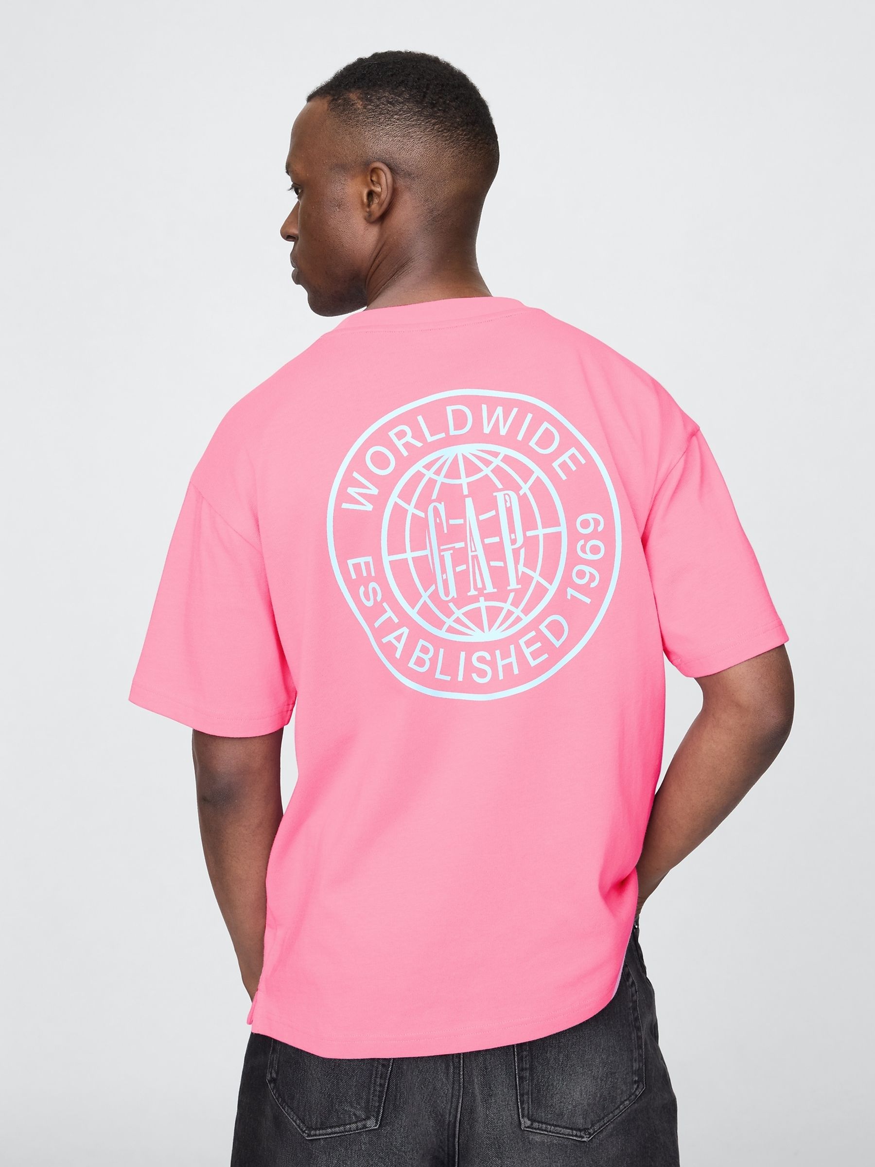 Pink Oversized Short Sleeve 100% Cotton World Logo T-Shirt - Image 1 of 5
